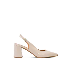 Beige Leather Slingback Pumps with Chunky Heeled