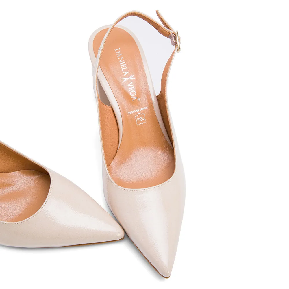 Beige Leather Slingback Pumps with Chunky Heeled