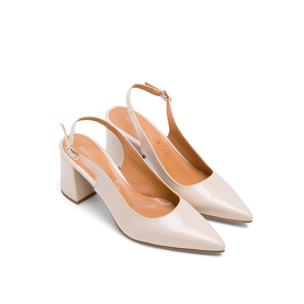 Beige Leather Slingback Pumps with Chunky Heeled