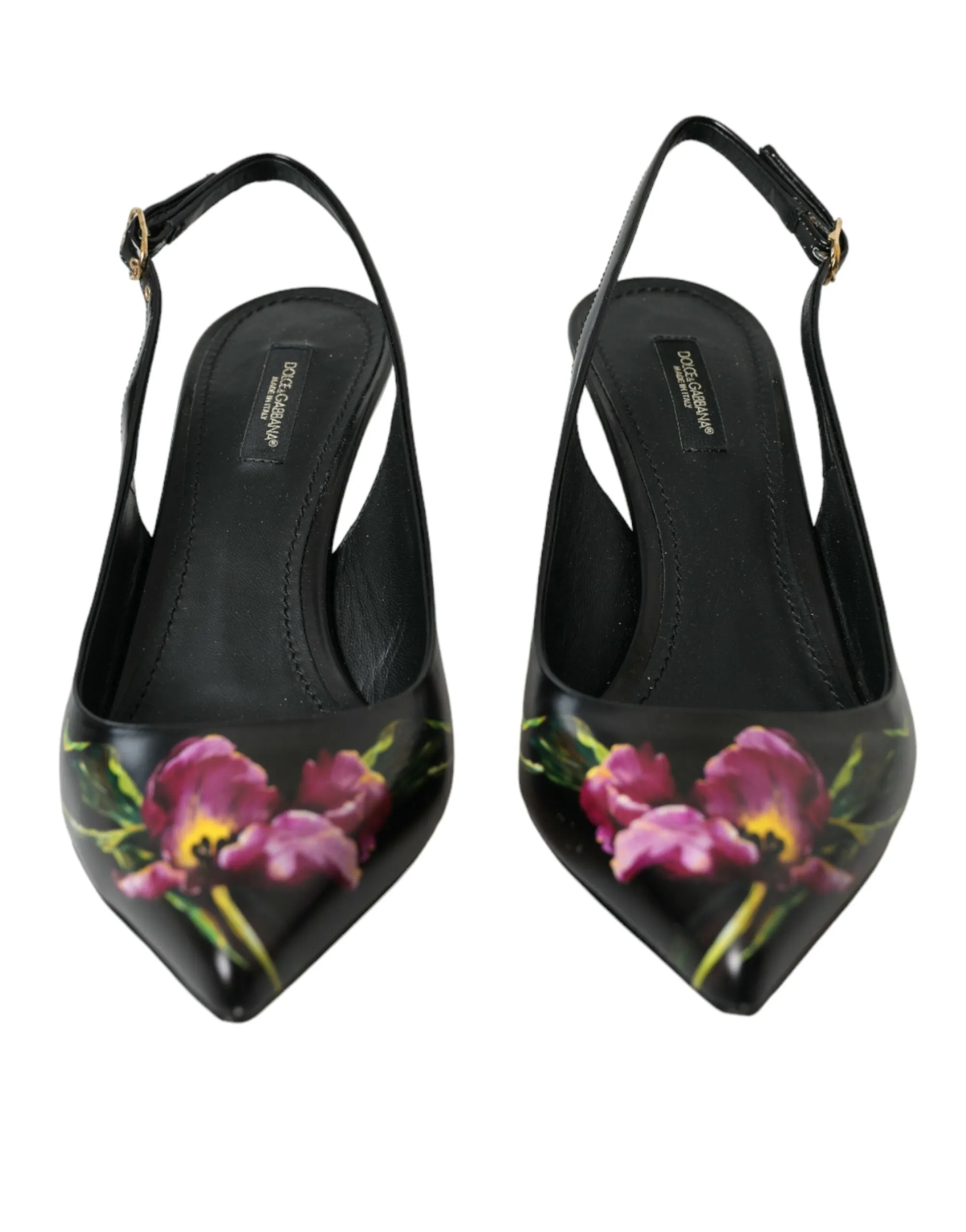 Black Floral Leather Heels Slingback Shoes