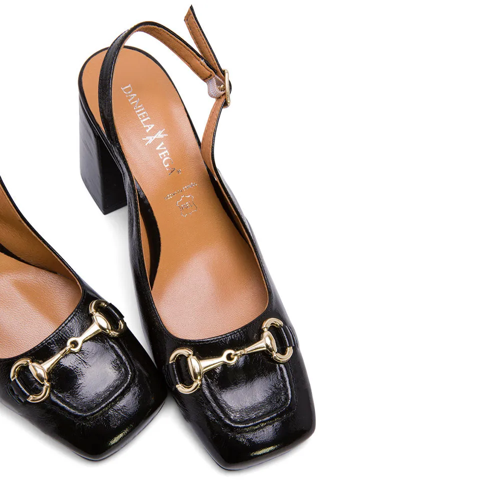 Black Leather Slingback Loafer Pumps with Chain-Embellished