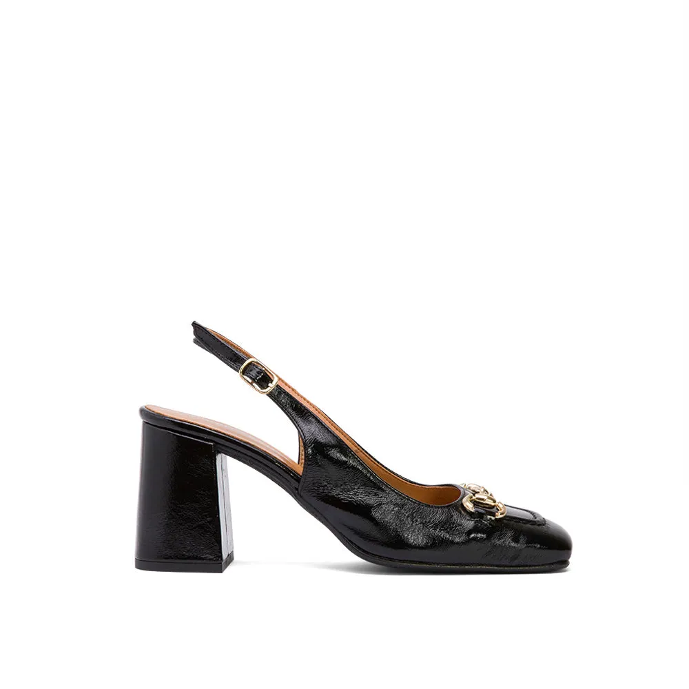 Black Leather Slingback Loafer Pumps with Chain-Embellished