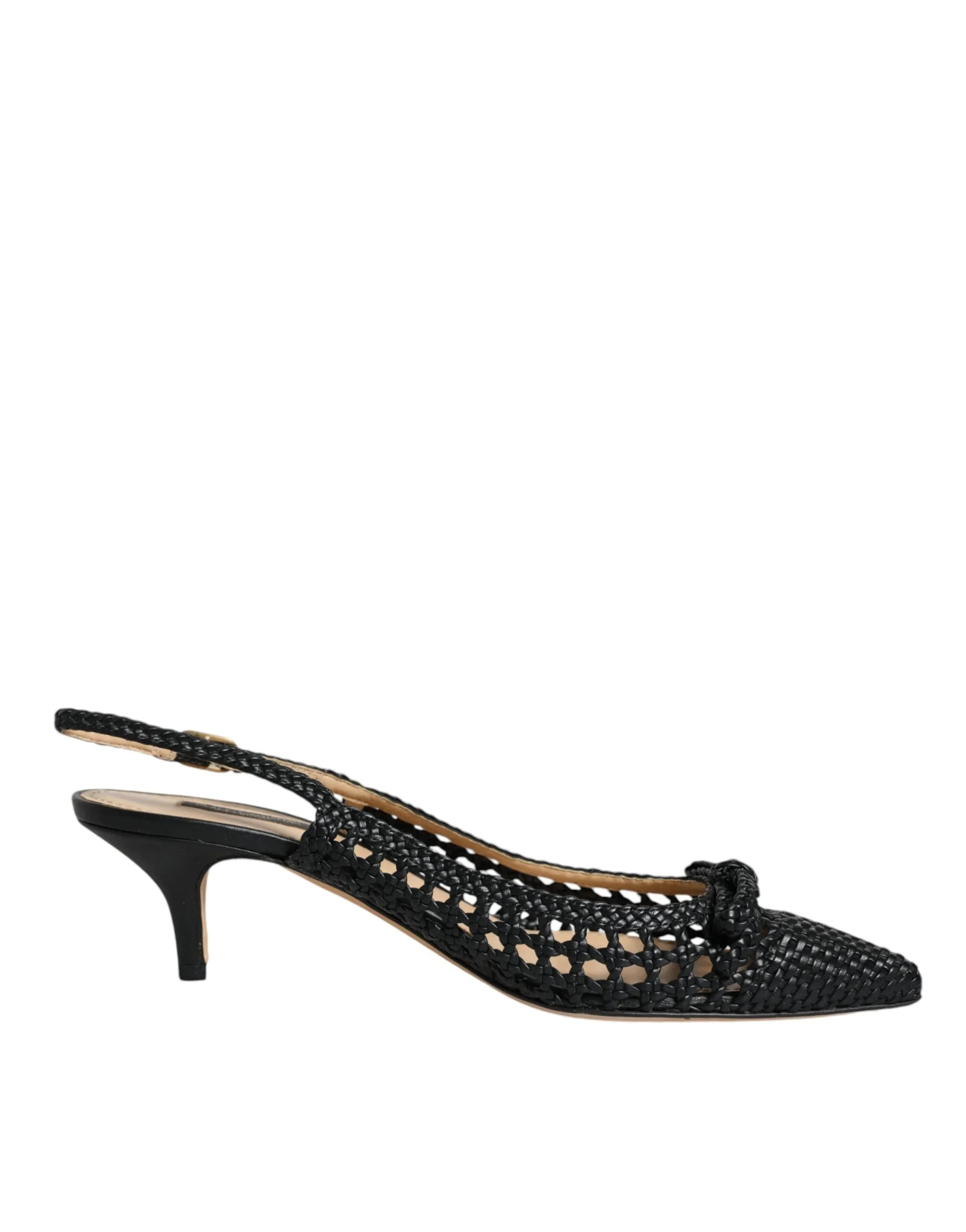 Black Leather Woven Heels Slingback Shoes