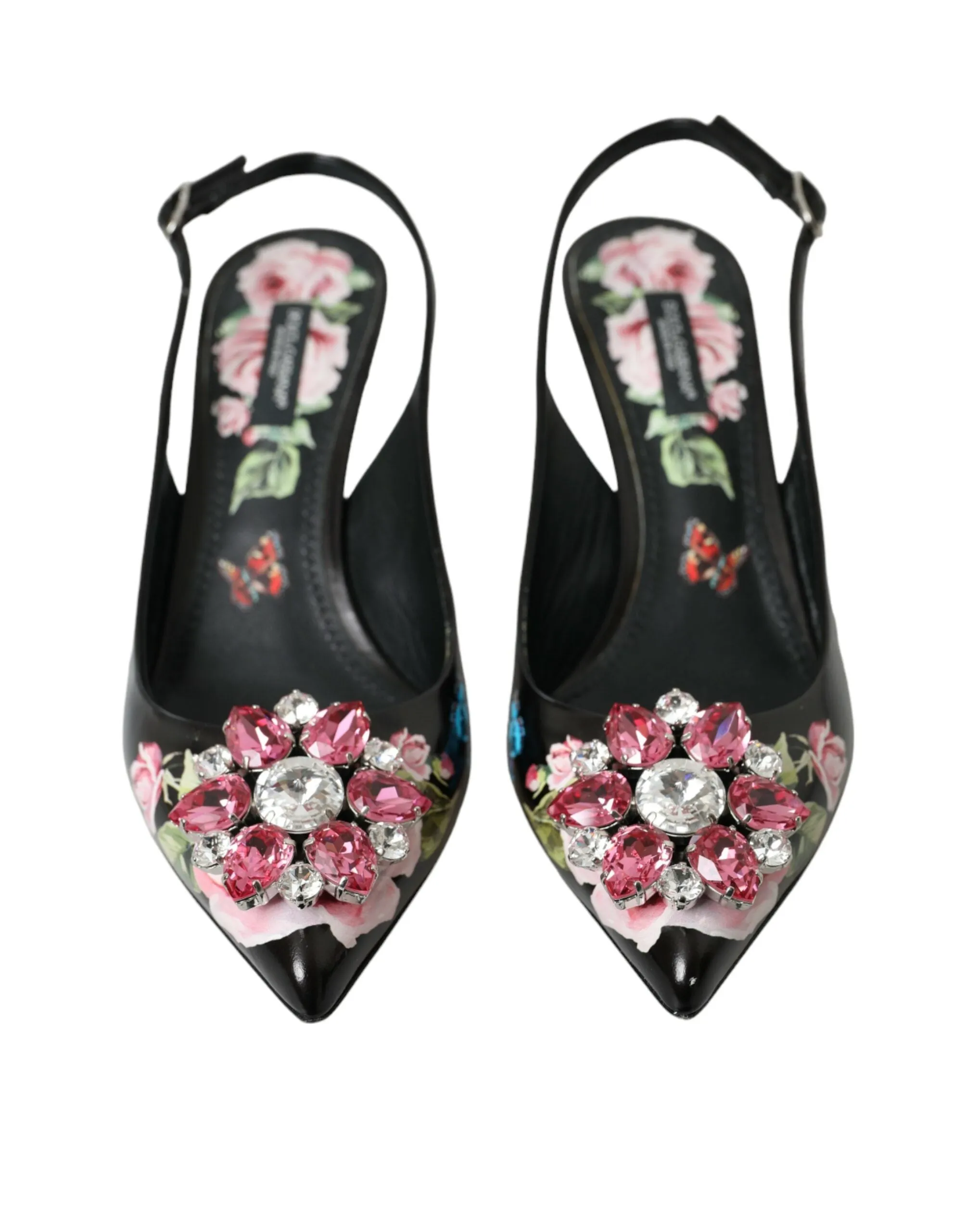 Black Roses Crystal Heels Slingback Shoes