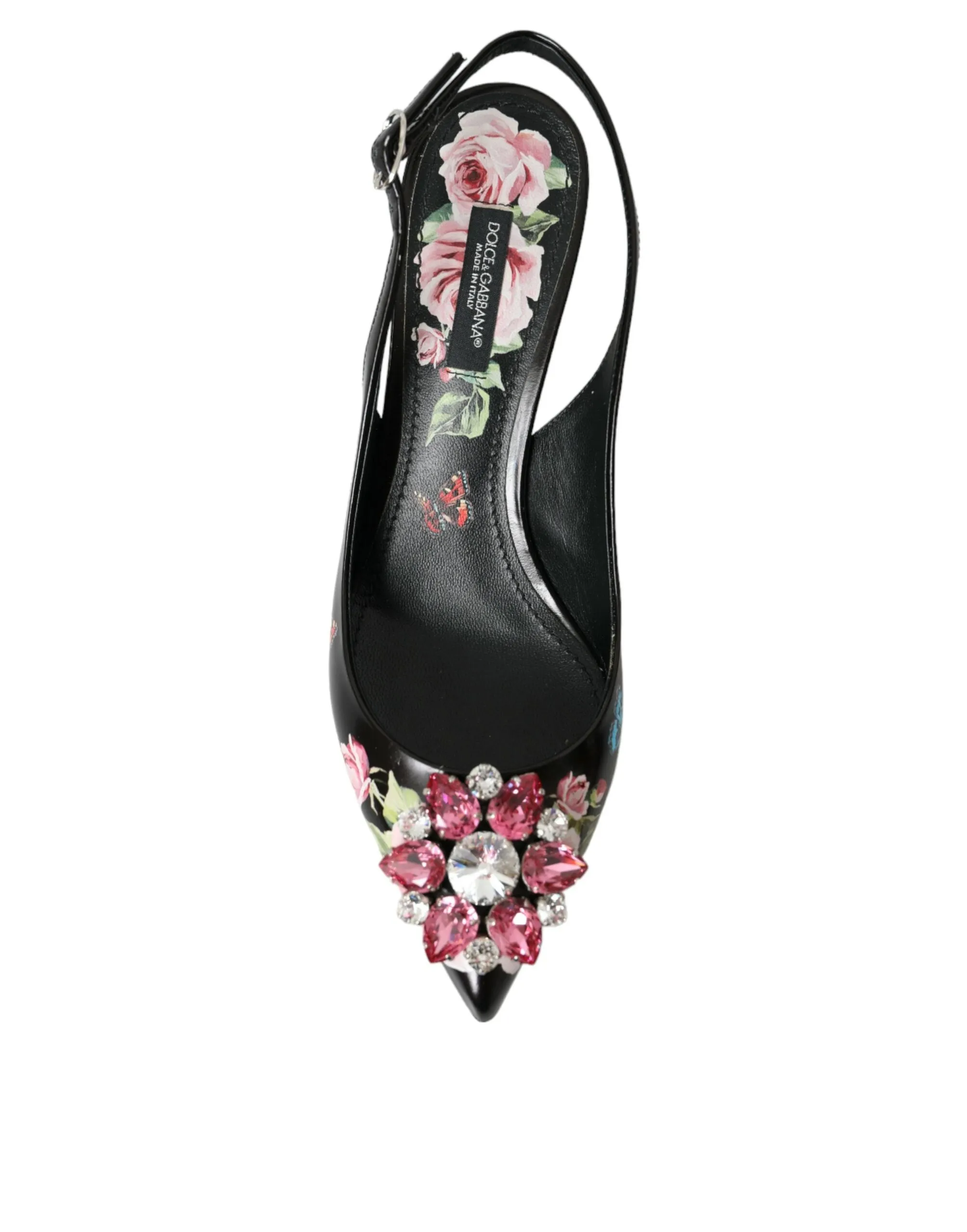 Black Roses Crystal Heels Slingback Shoes