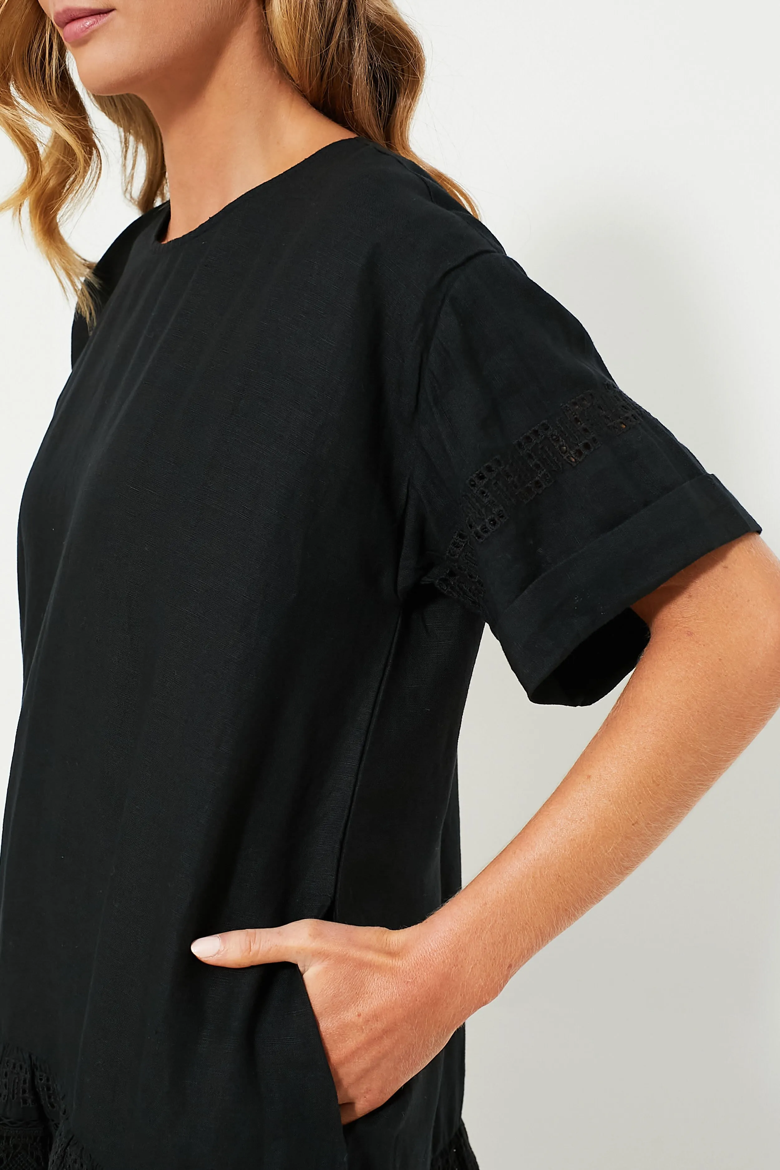 Black Rosina Embroidery Short Sleeve Tunic Dress