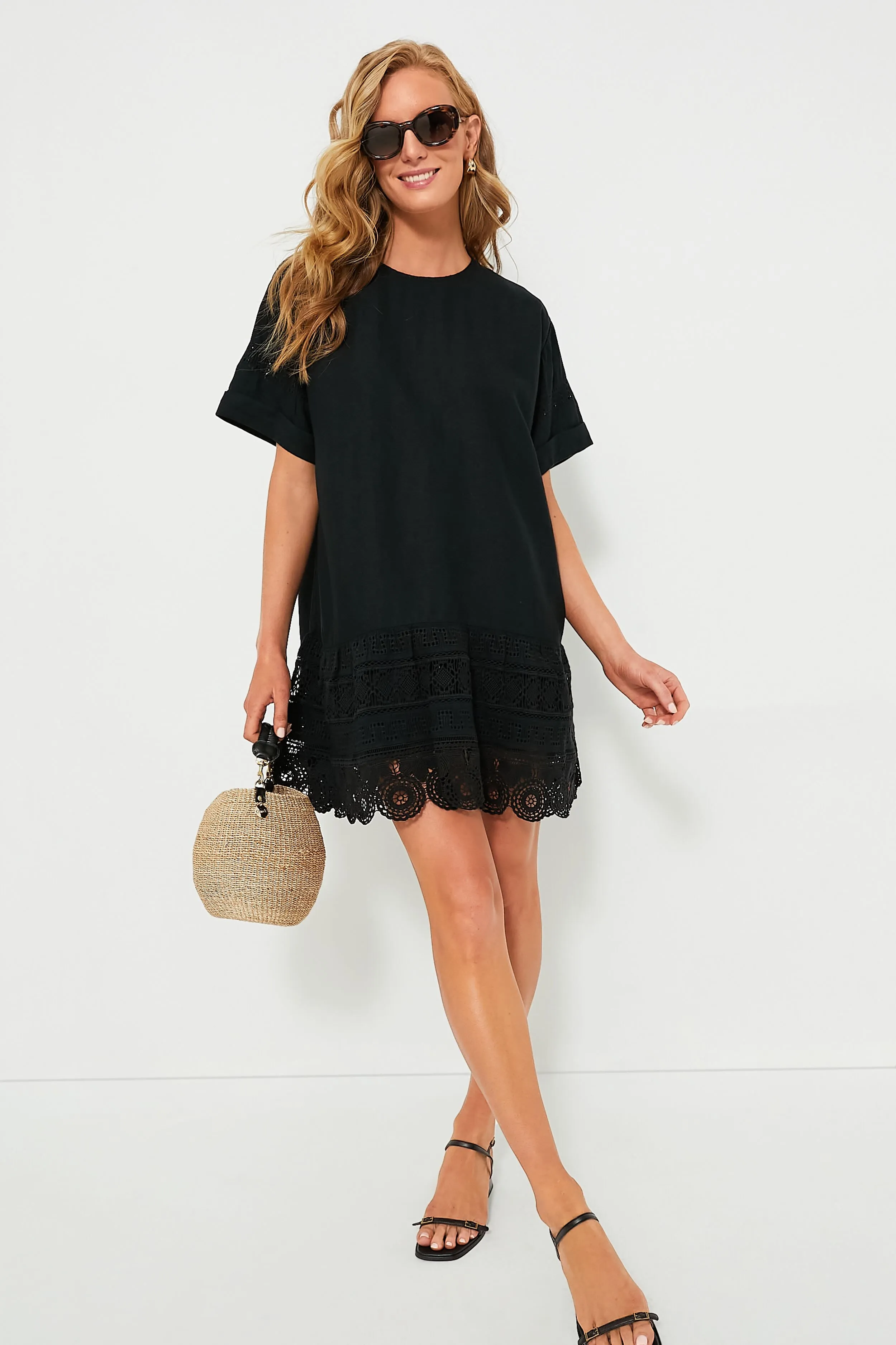 Black Rosina Embroidery Short Sleeve Tunic Dress