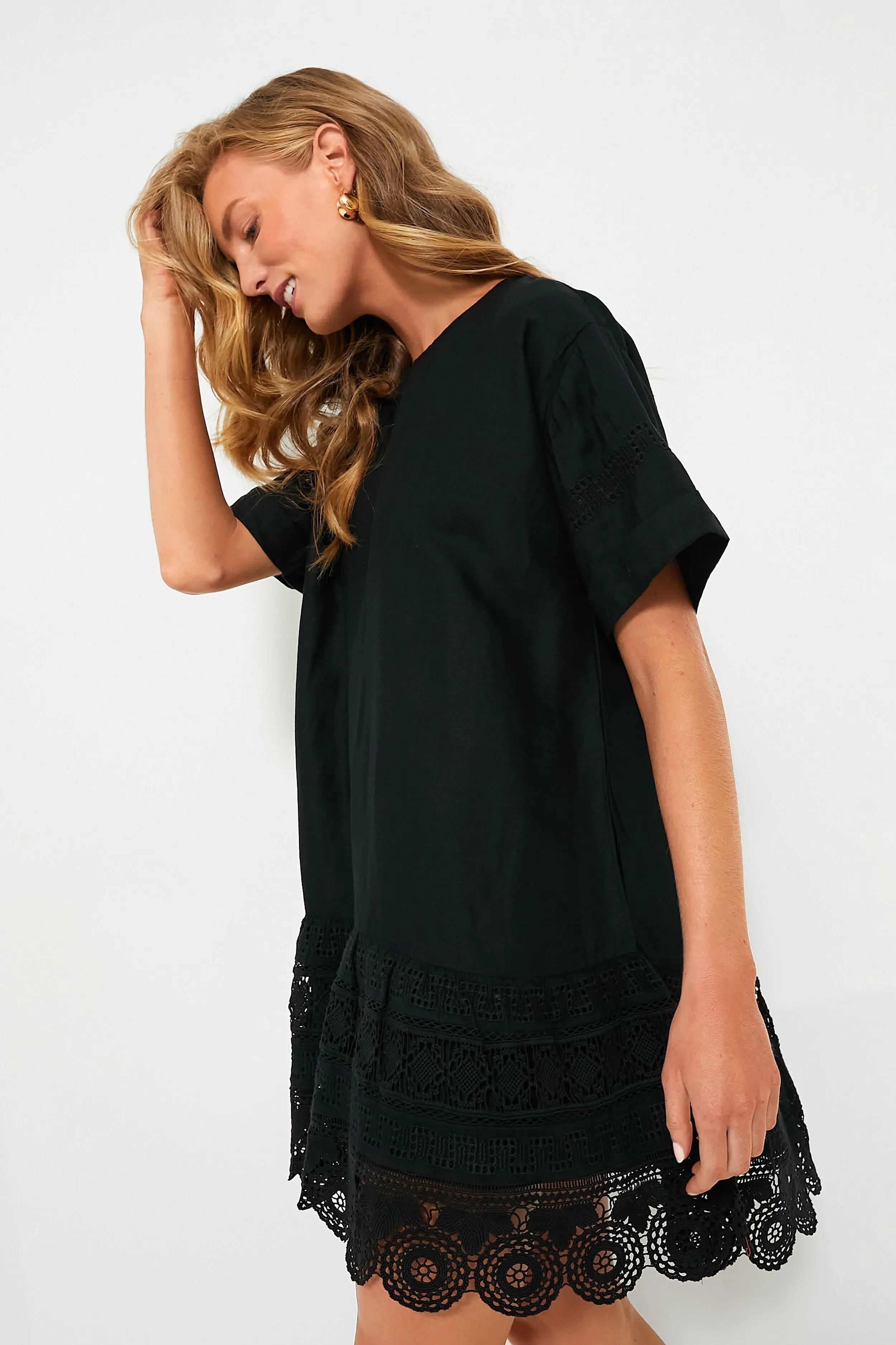 Black Rosina Embroidery Short Sleeve Tunic Dress