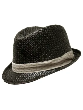 Black Woven Fedora Hat With Pinstriped Hat Band