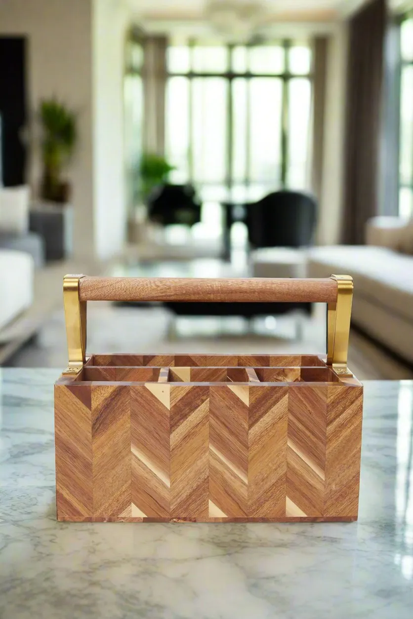 Brown Wooden Rectangular Cutlery Holder