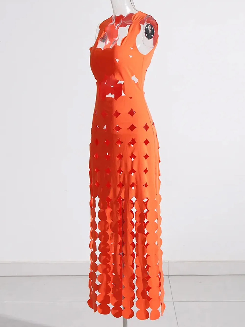 CERA Appliqué Fringe Maxi Dress in Orange