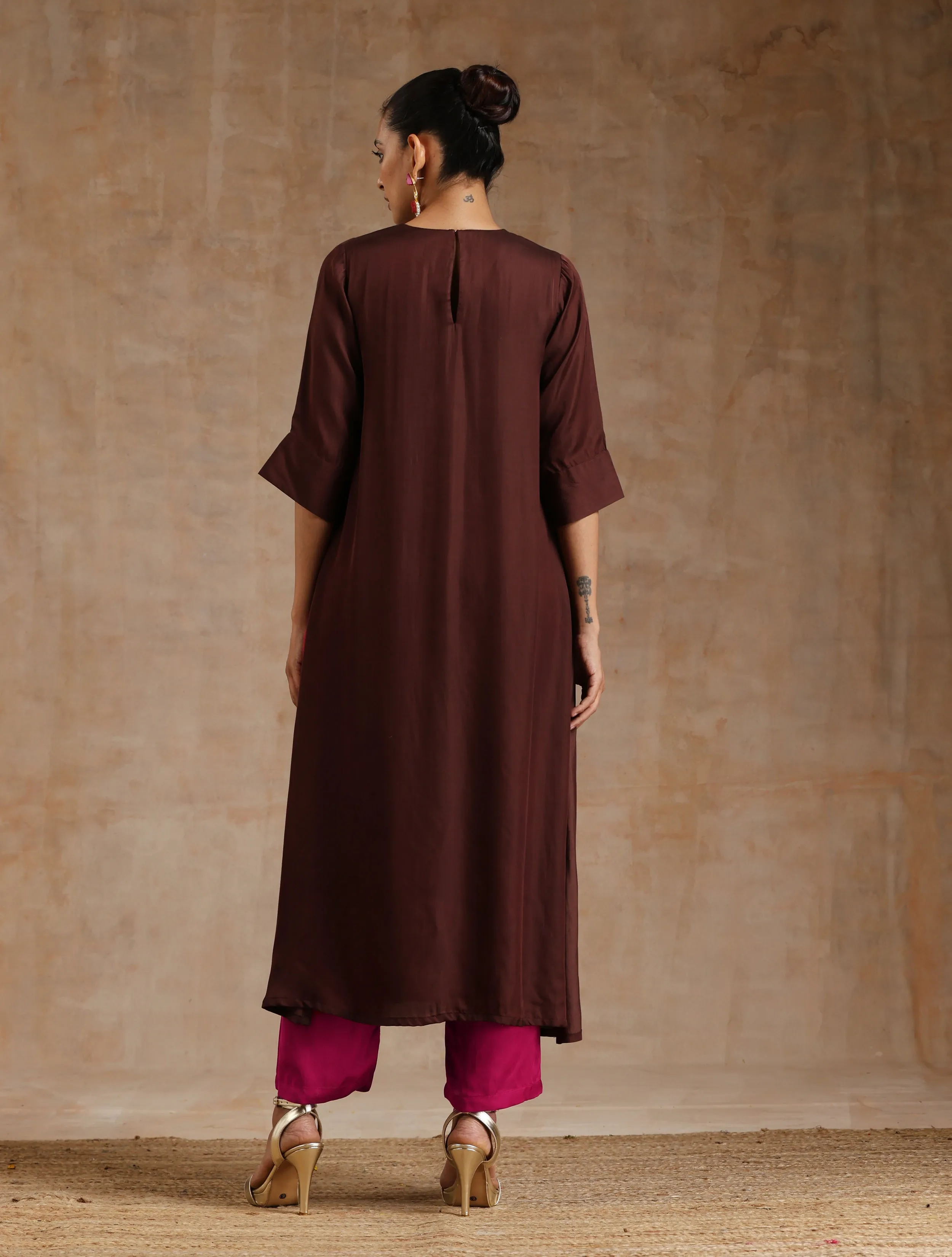 Cola Brown Modal Satin Neck Pleat Kurta Set