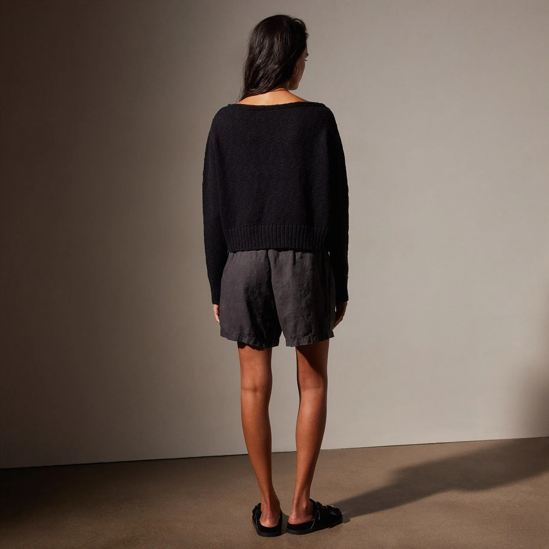 Cotton Linen Boatneck Sweater - Black