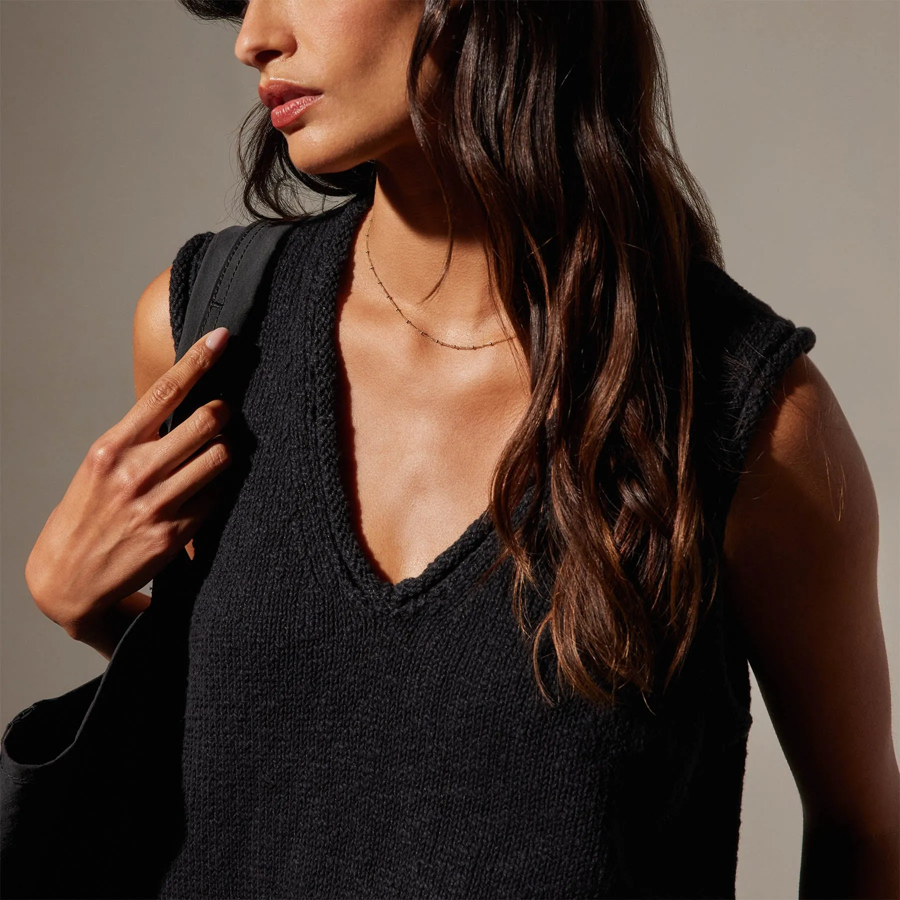 Cotton Linen V Neck Vest - Black