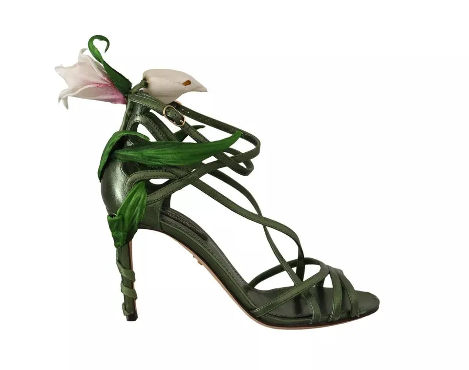 Dolce & Gabbana Acid Green Leather Strappy Flower Heels Sandals Women's Shoes (Pre-Owned)