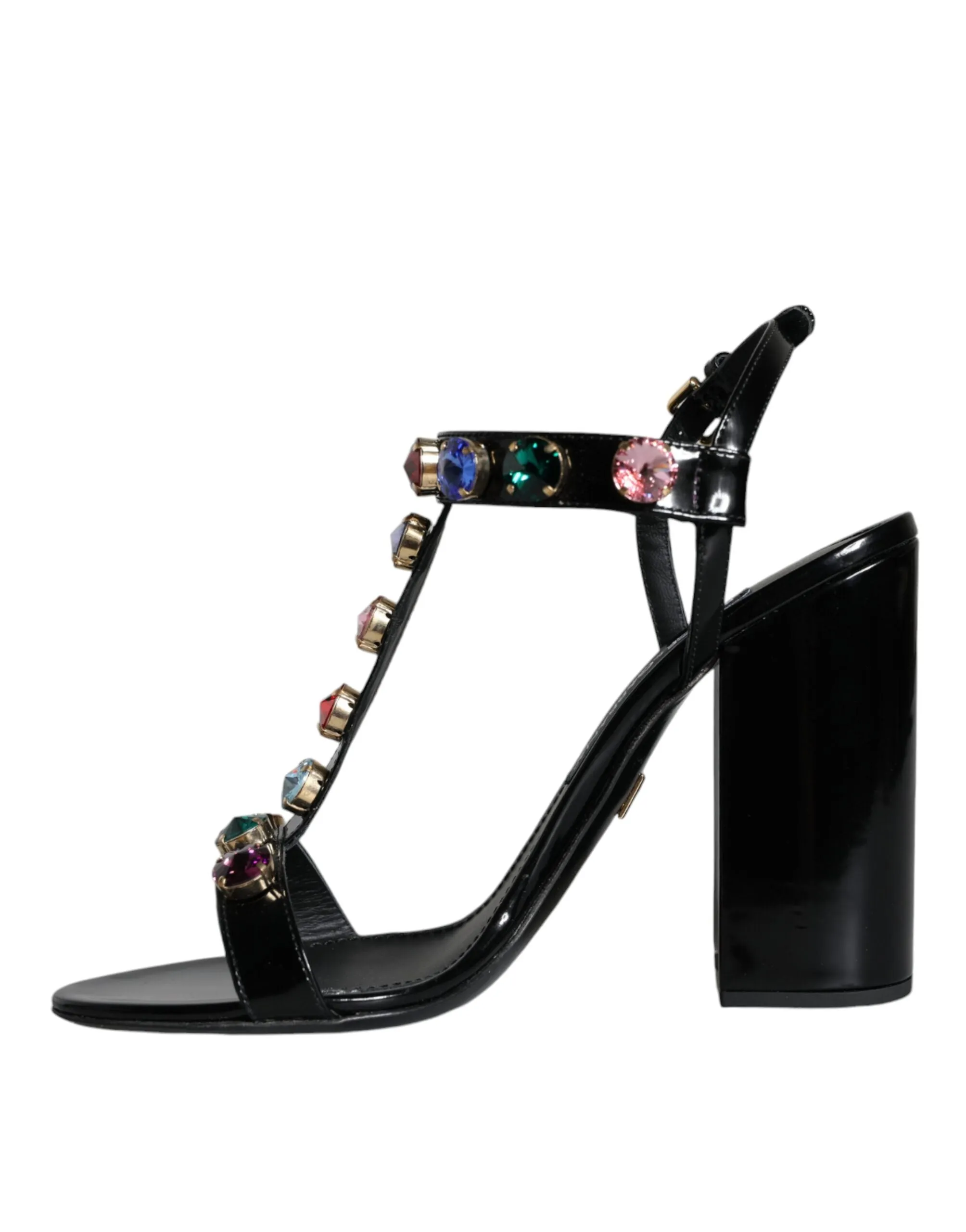 Dolce & Gabbana Black Crystal Leather T-strap Sandals Women's Shoes