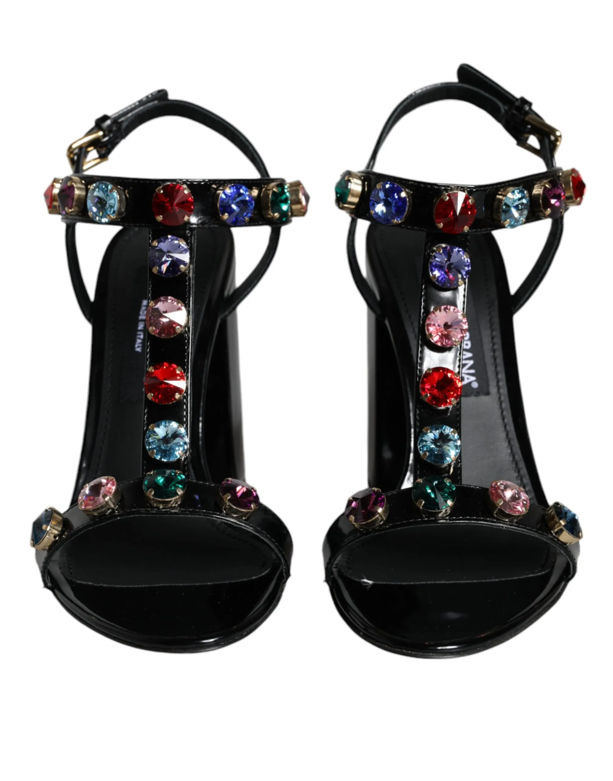 Dolce & Gabbana Black Crystal Leather T-strap Sandals Women's Shoes