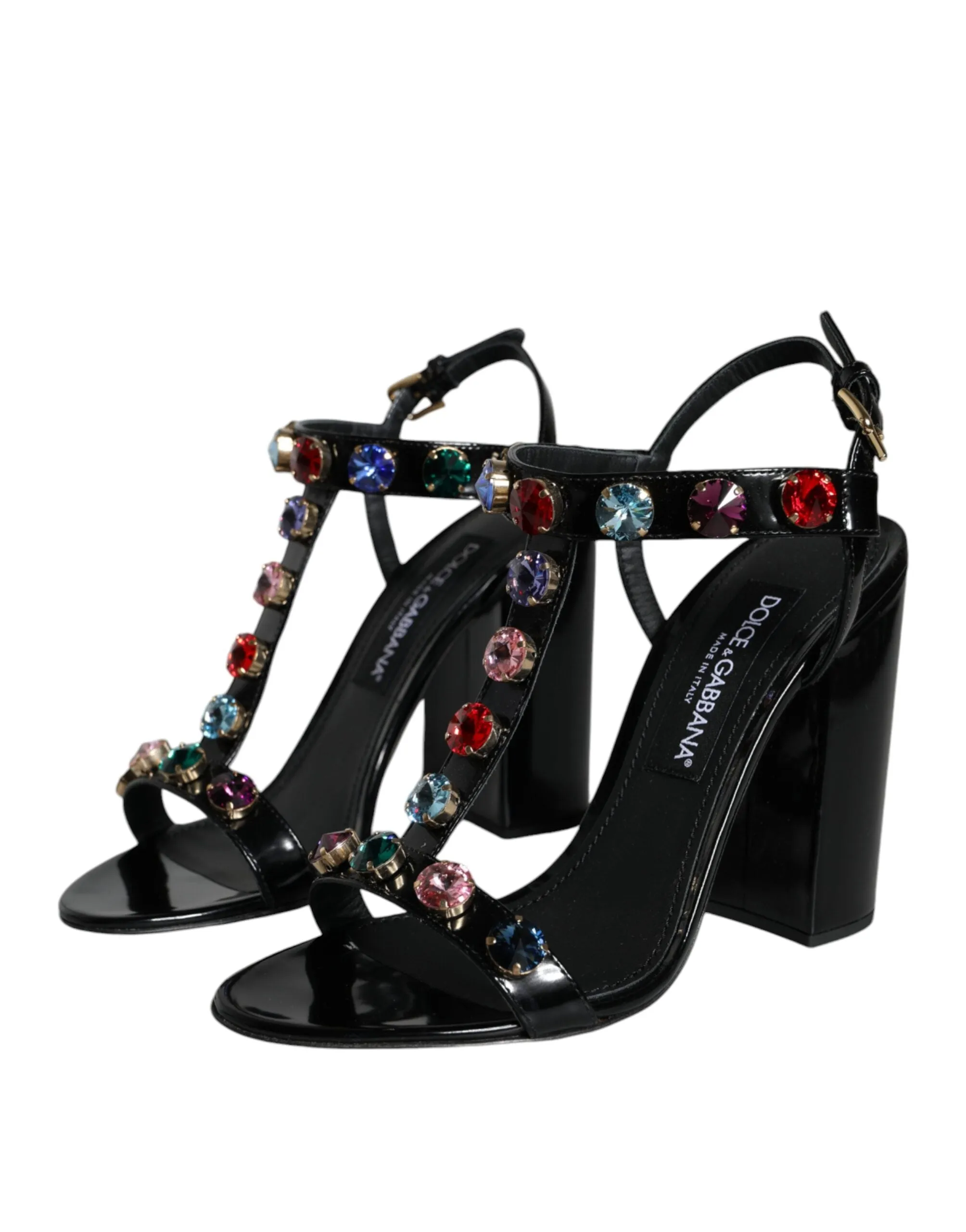 Dolce & Gabbana Black Crystal Leather T-strap Sandals Women's Shoes