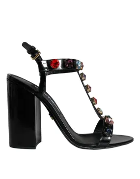 Dolce & Gabbana Black Crystal Leather T-strap Sandals Women's Shoes