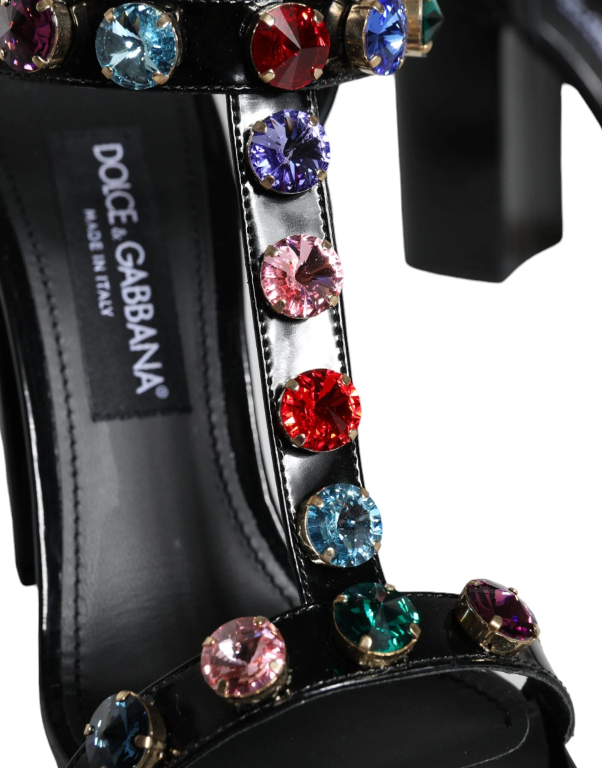 Dolce & Gabbana Black Crystal Leather T-strap Sandals Women's Shoes