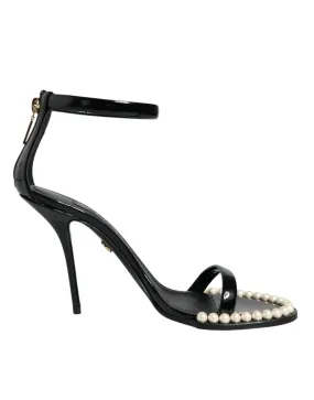 Dolce & Gabbana Black Keira Leather Faux Pearl Sandals Heels Women's Shoes (Pre-Owned)