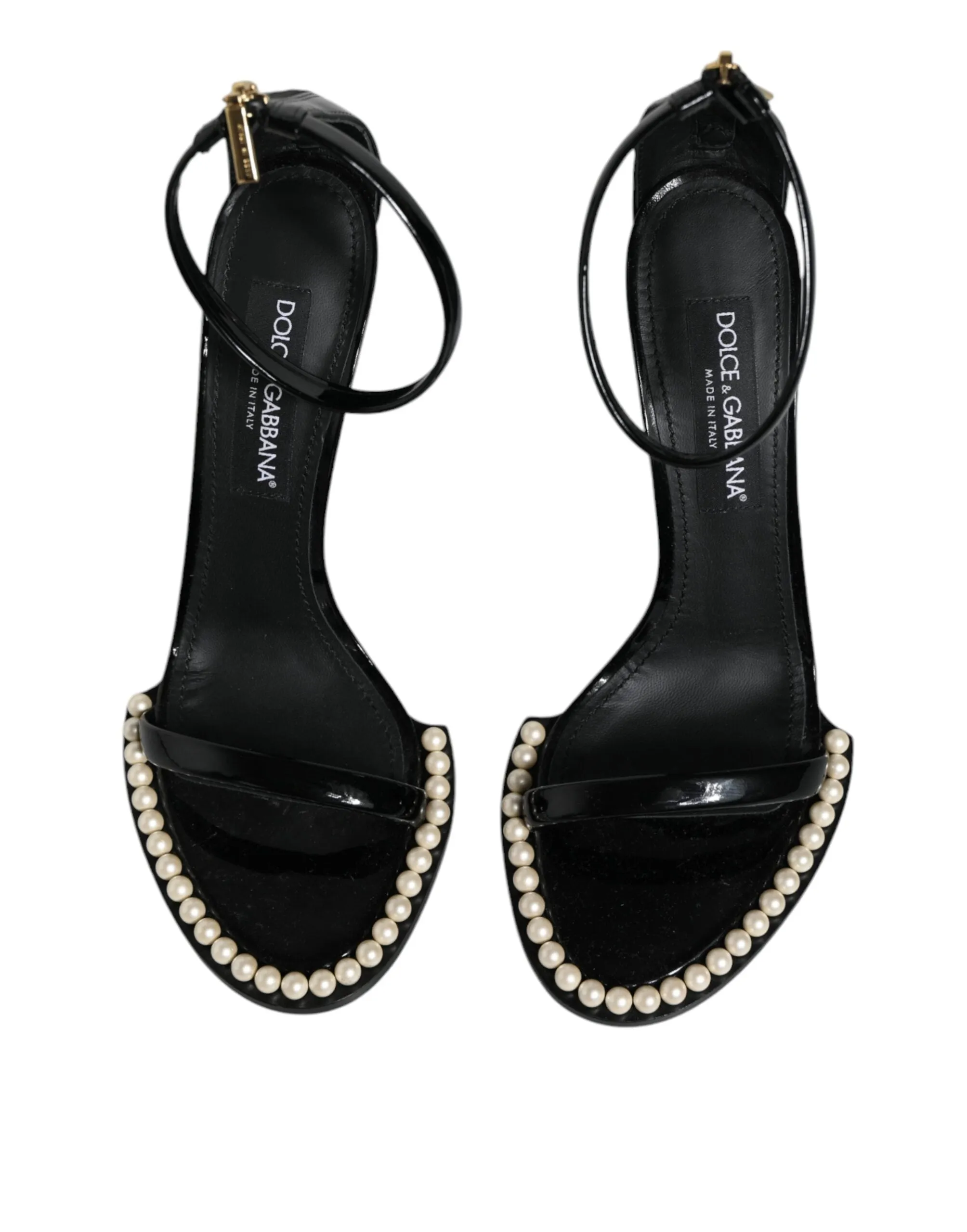 Dolce & Gabbana Black Keira Leather Faux Pearl Sandals Heels Women's Shoes (Pre-Owned)