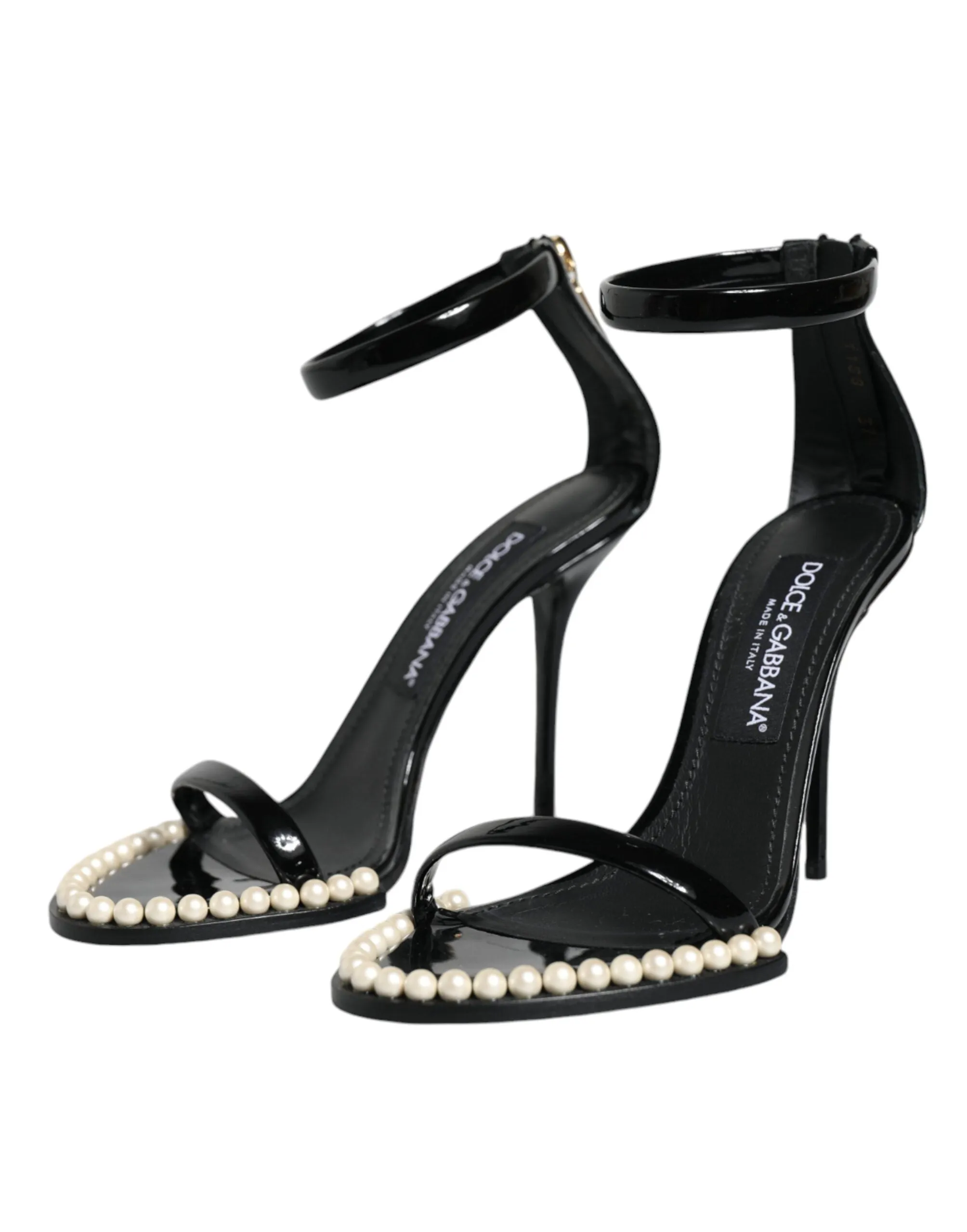 Dolce & Gabbana Black Keira Leather Faux Pearl Sandals Heels Women's Shoes (Pre-Owned)