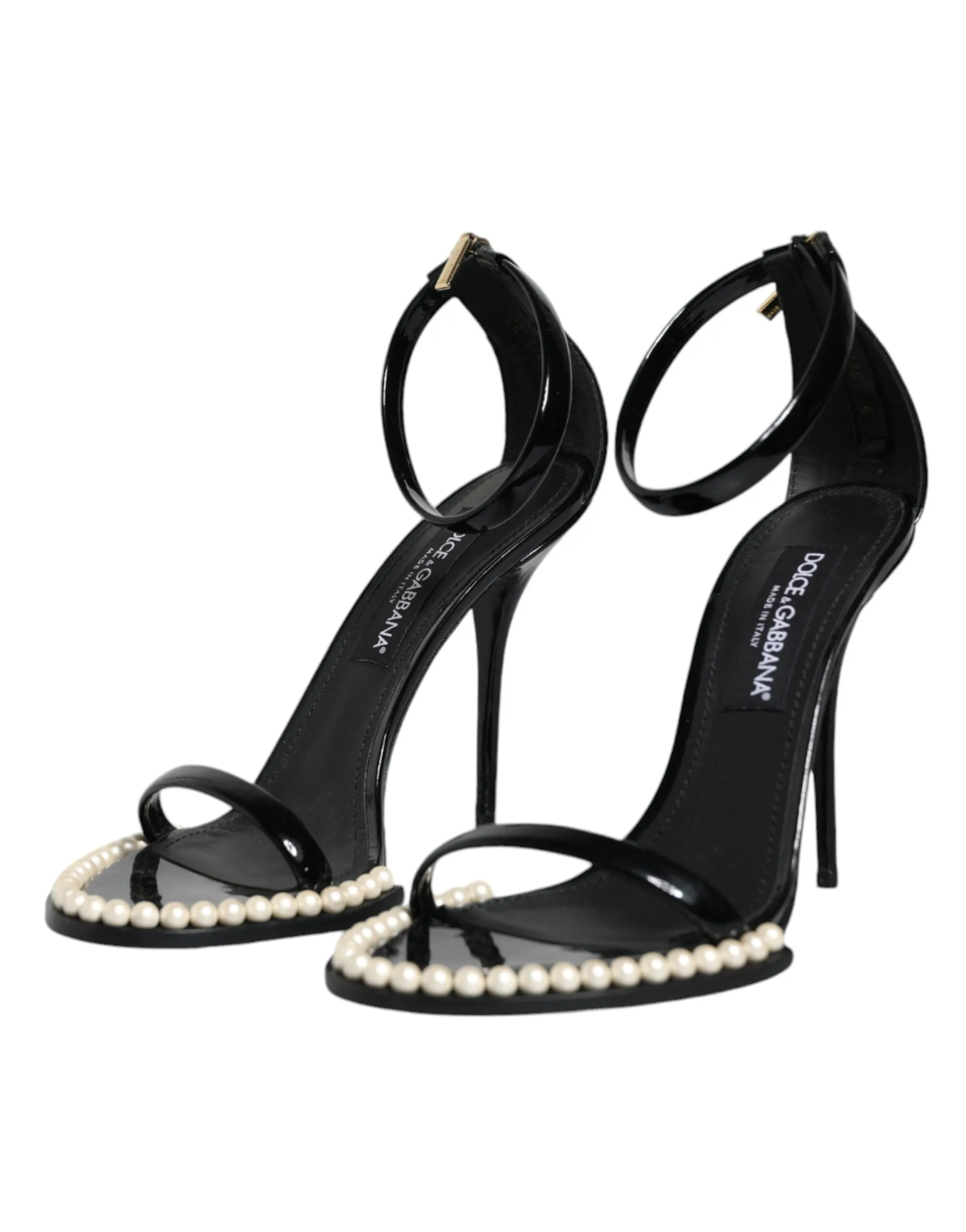 Dolce & Gabbana Black Keira Leather Faux Pearl Sandals Heels Women's Shoes (Pre-Owned)