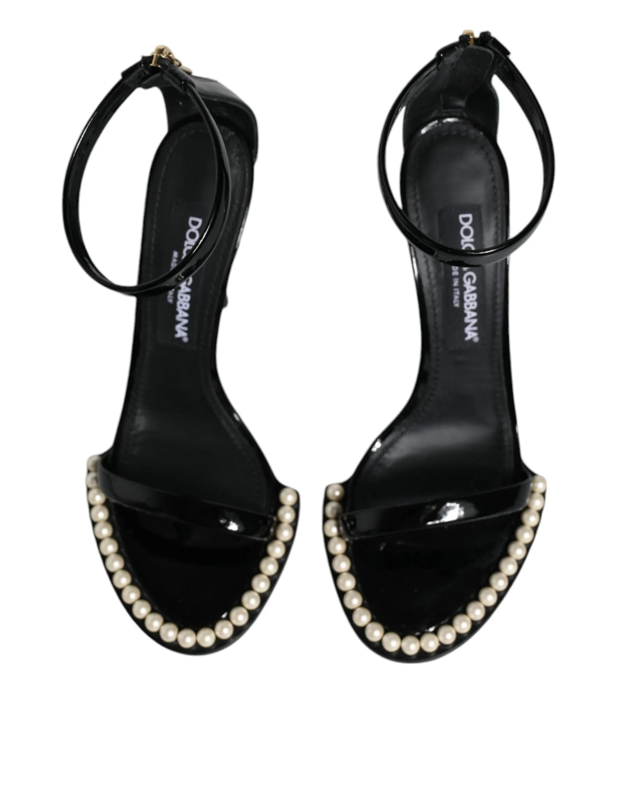 Dolce & Gabbana Black Keira Leather Faux Pearl Sandals Heels Women's Shoes (Pre-Owned)