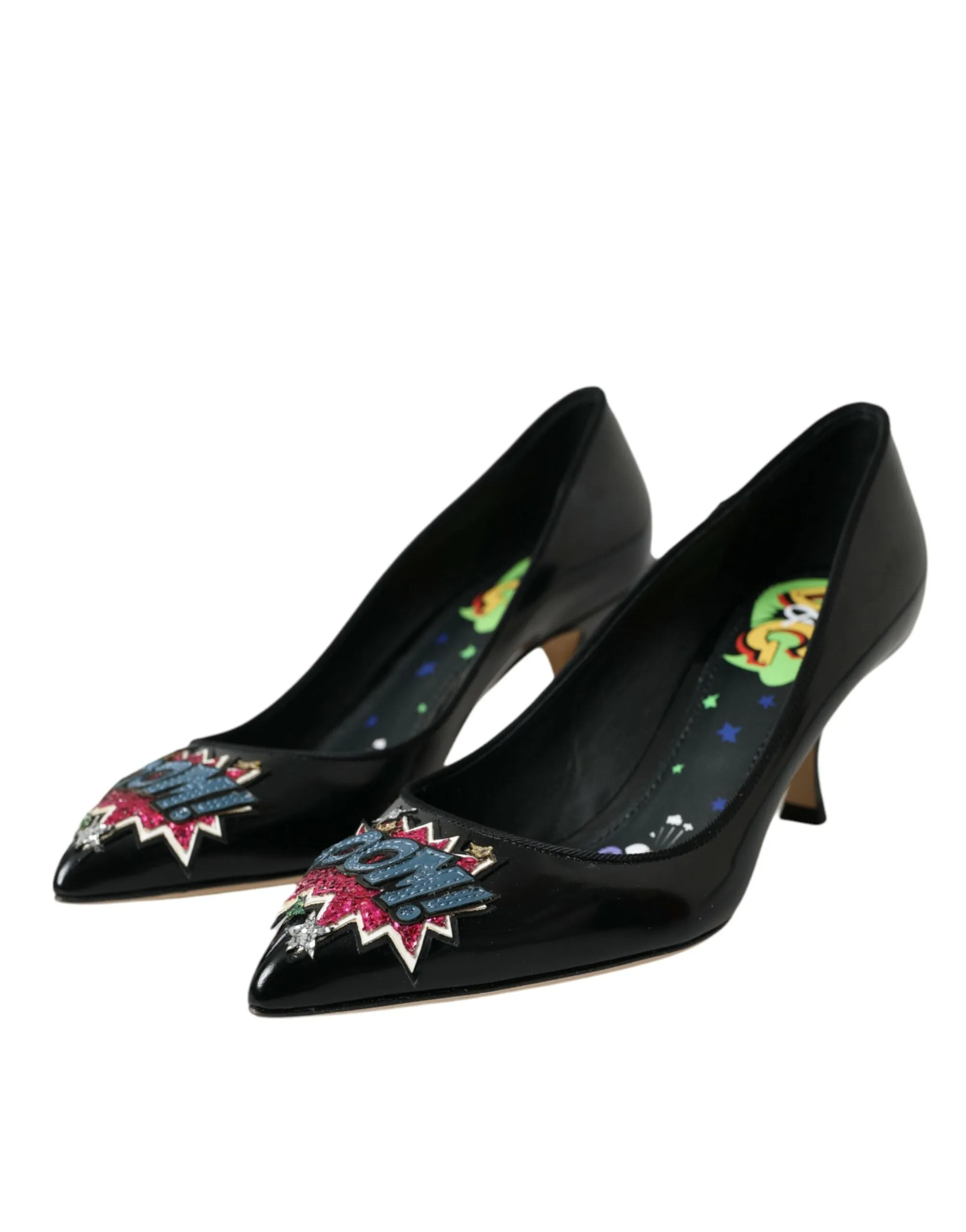 Dolce & Gabbana Black Leather BOOM Patch Heels Pumps Women's Shoes