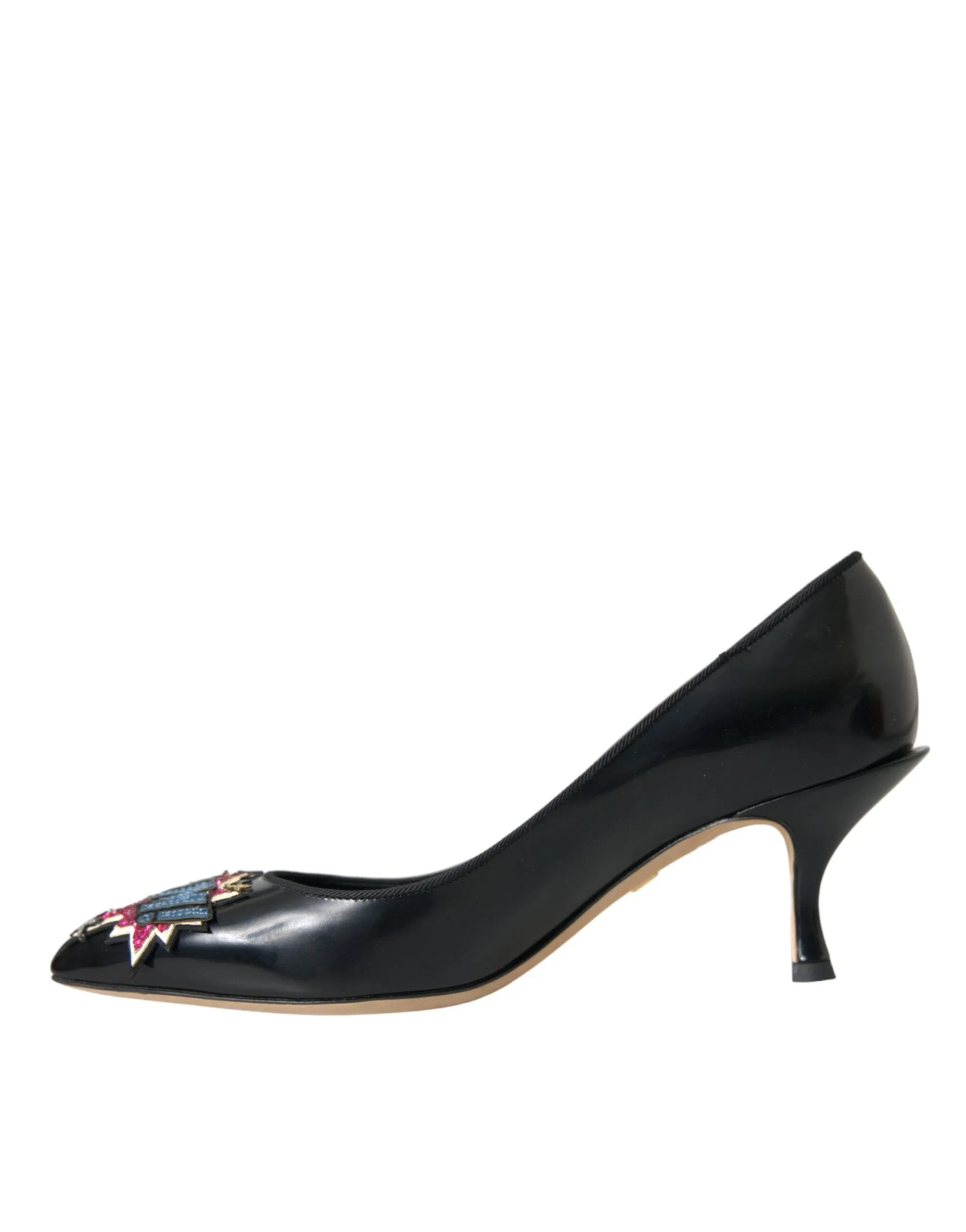 Dolce & Gabbana Black Leather BOOM Patch Heels Pumps Women's Shoes