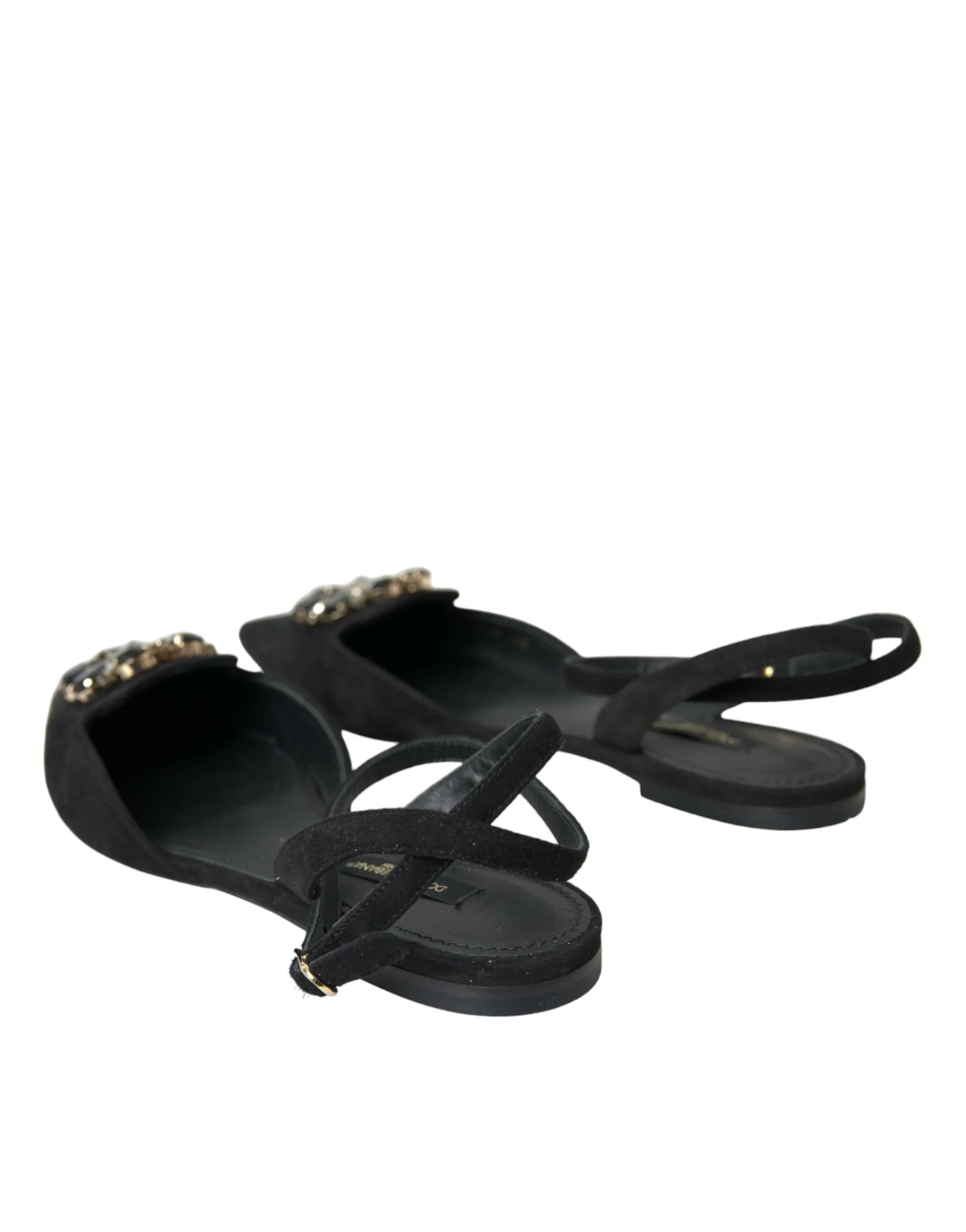 Dolce & Gabbana Black Leather Crystal Slingback Sandals Women's Shoes