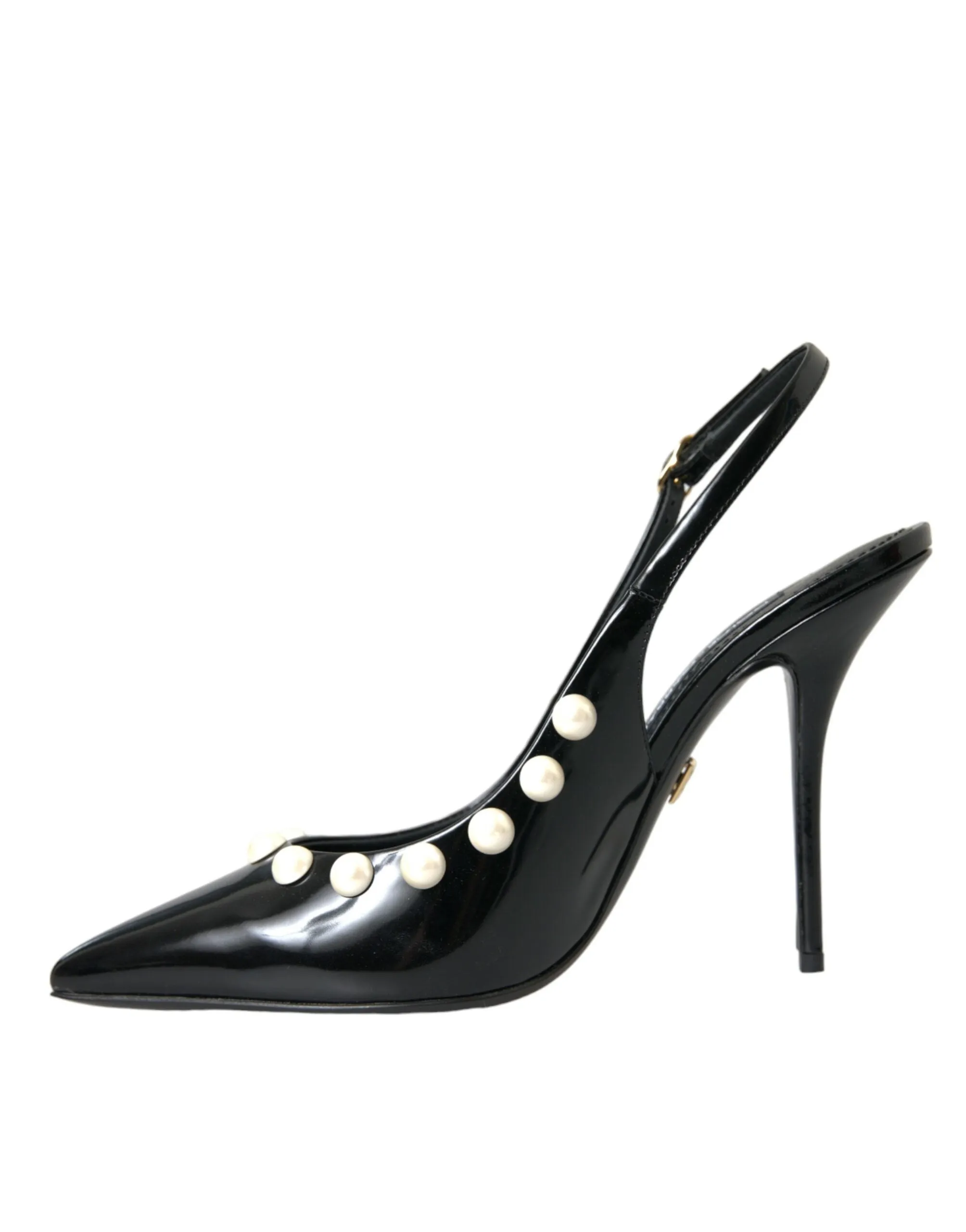 Dolce & Gabbana Black Leather Faux Pearl Heel Slingback Women's Shoes