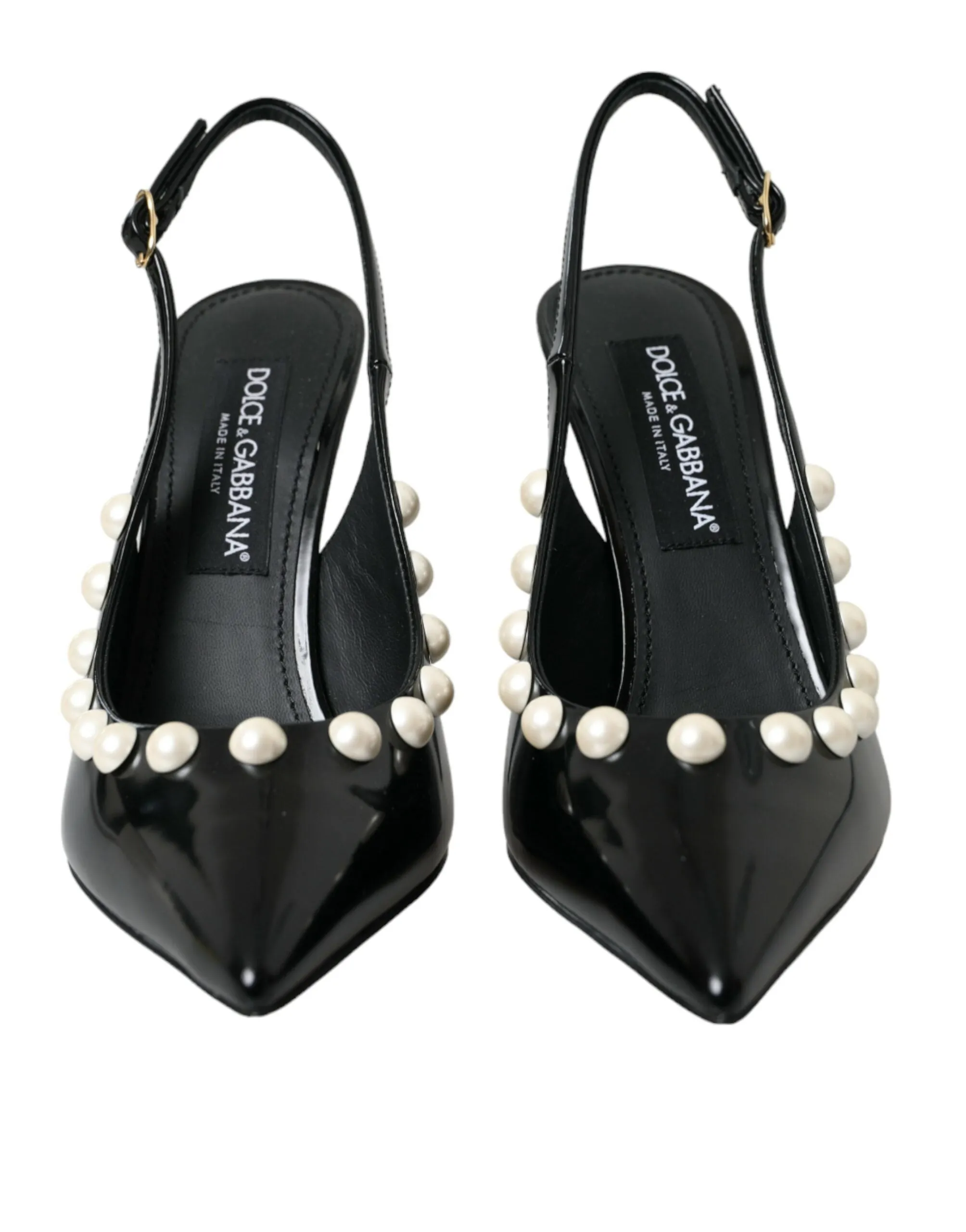 Dolce & Gabbana Black Leather Faux Pearl Heel Slingback Women's Shoes