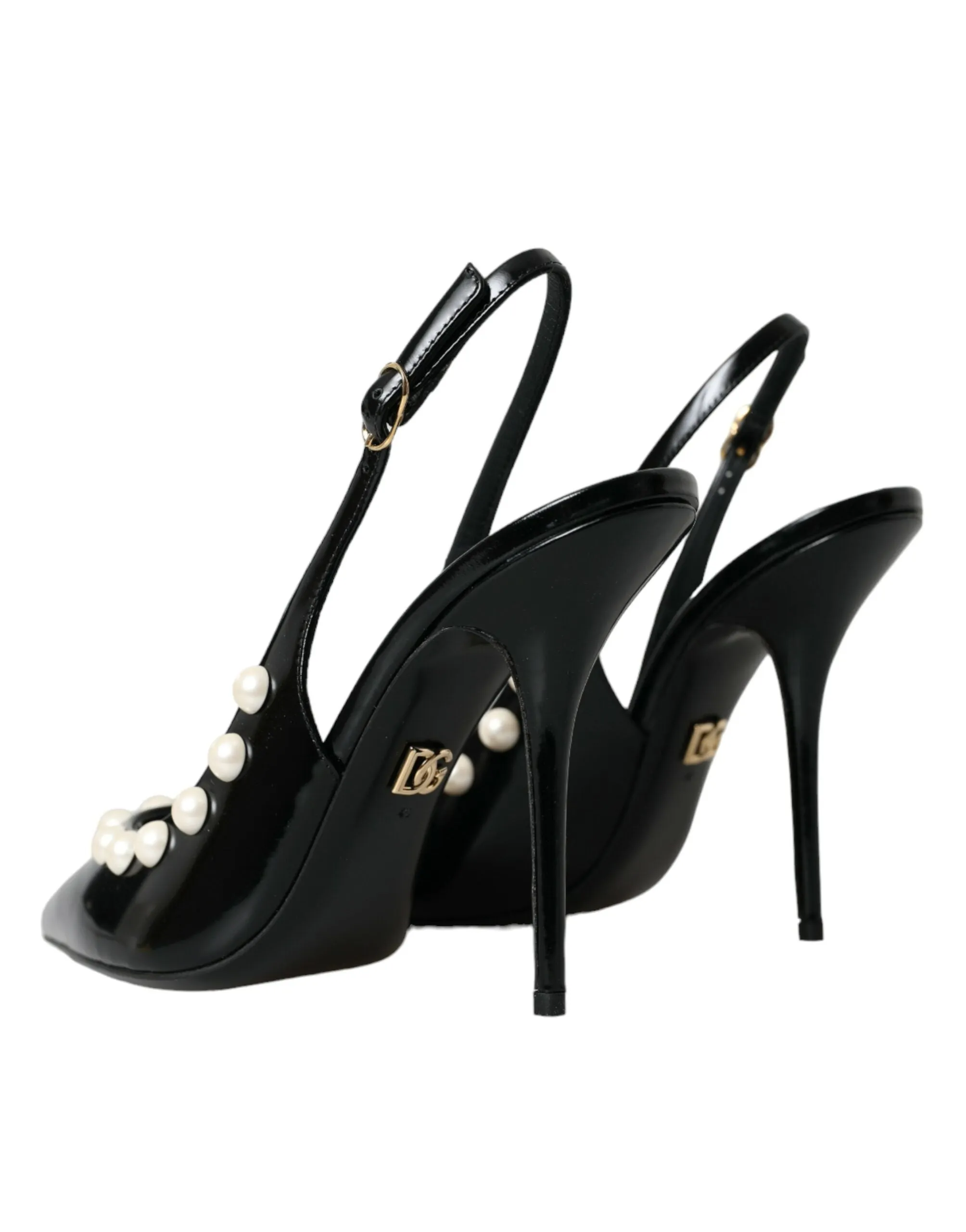 Dolce & Gabbana Black Leather Faux Pearl Heel Slingback Women's Shoes