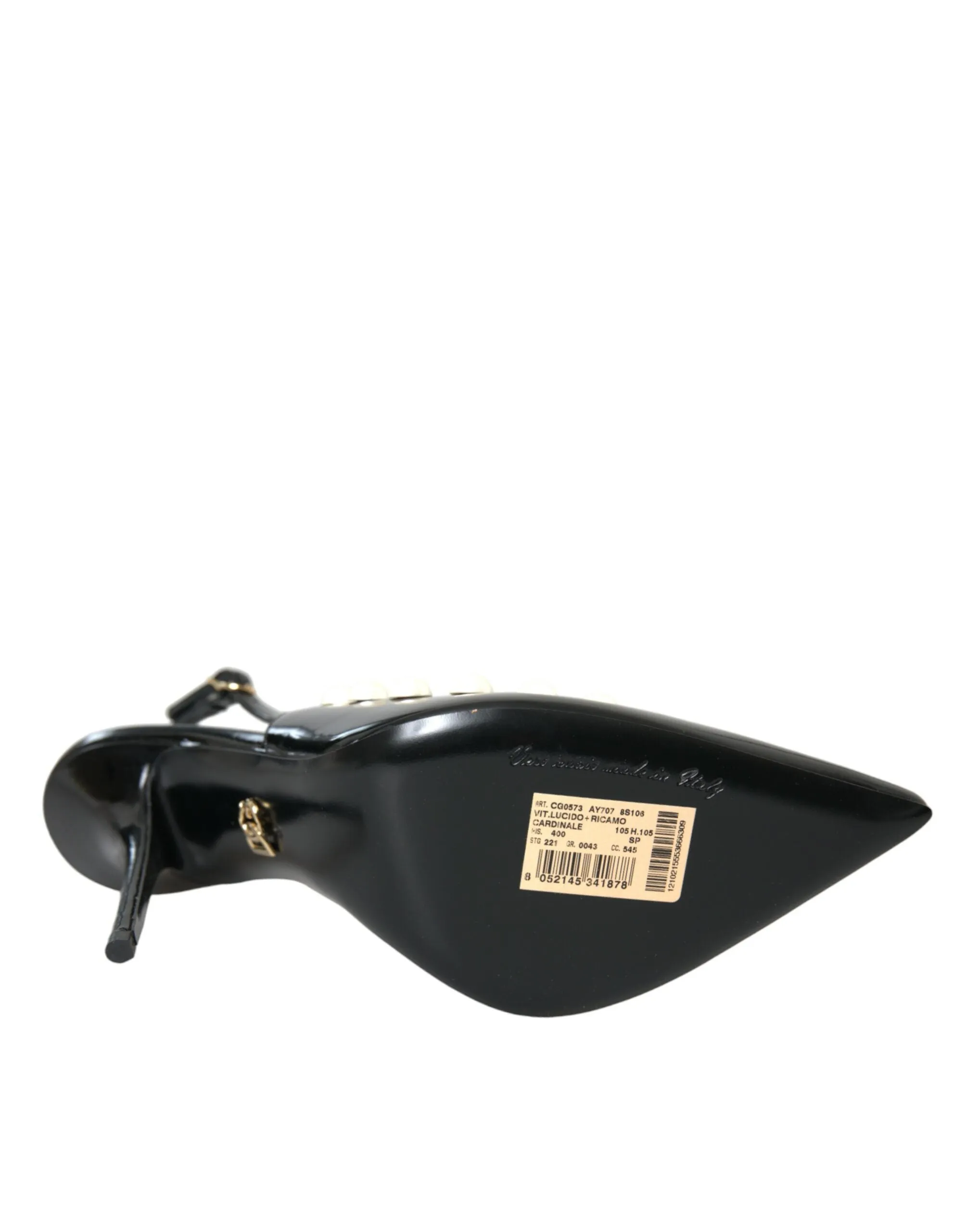 Dolce & Gabbana Black Leather Faux Pearl Heel Slingback Women's Shoes