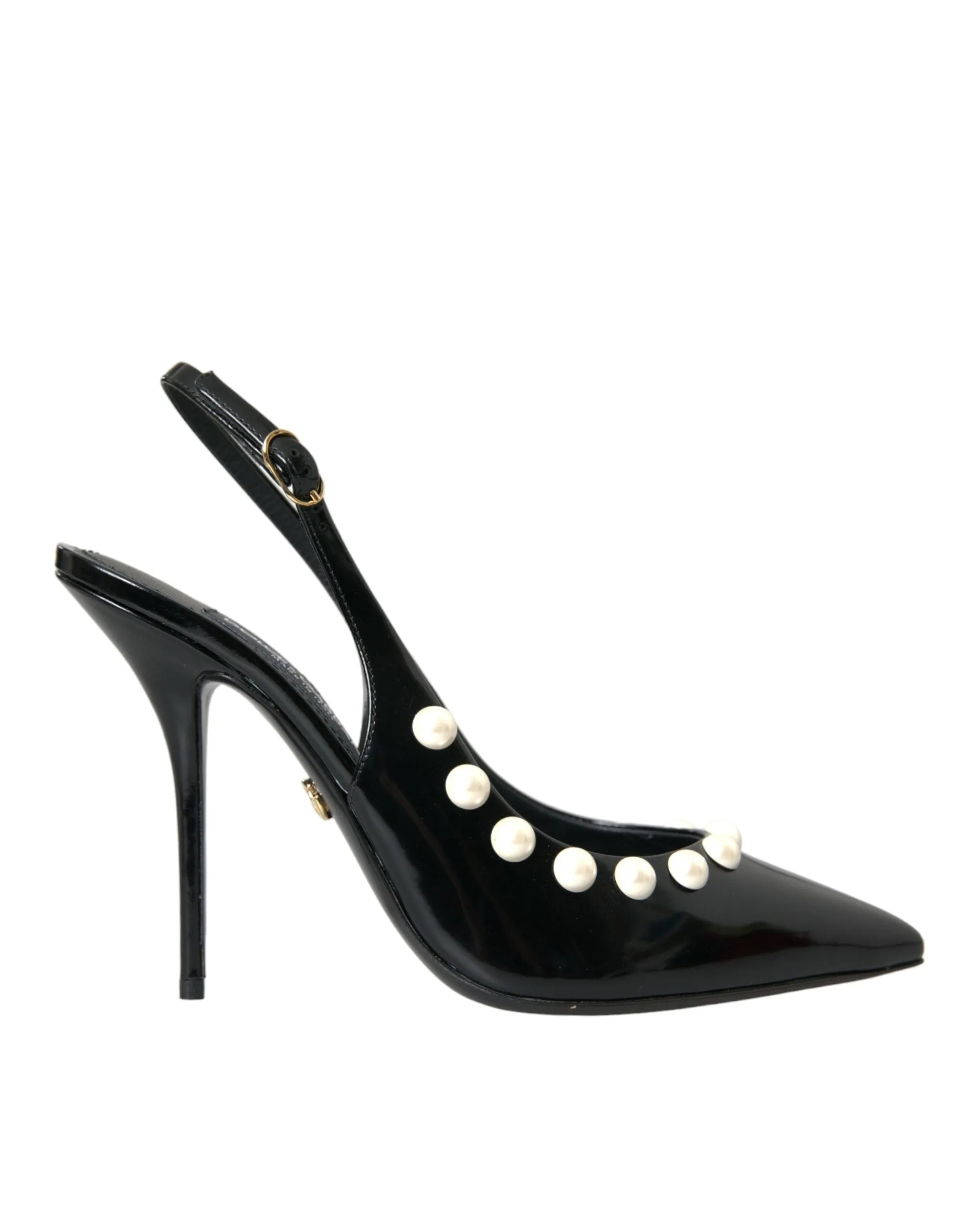 Dolce & Gabbana Black Leather Faux Pearl Heel Slingback Women's Shoes