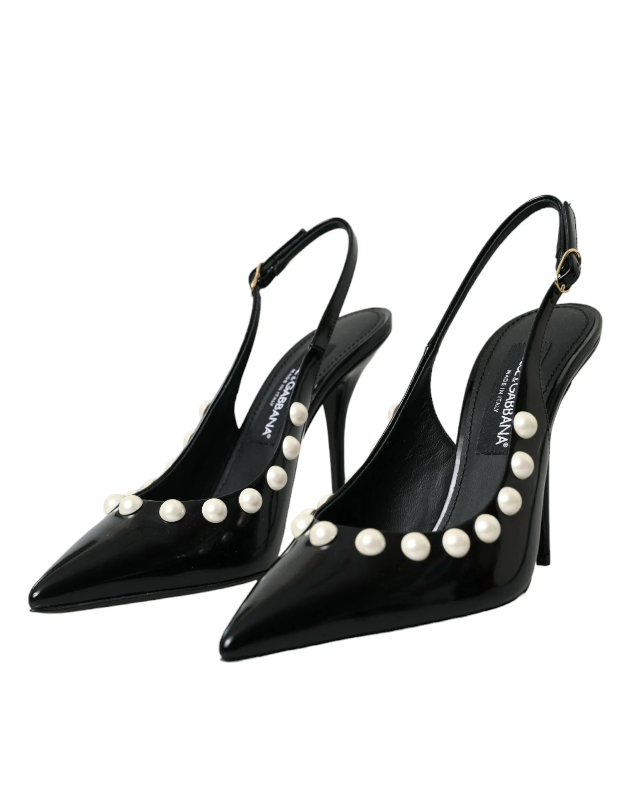 Dolce & Gabbana Black Leather Faux Pearl Heel Slingback Women's Shoes