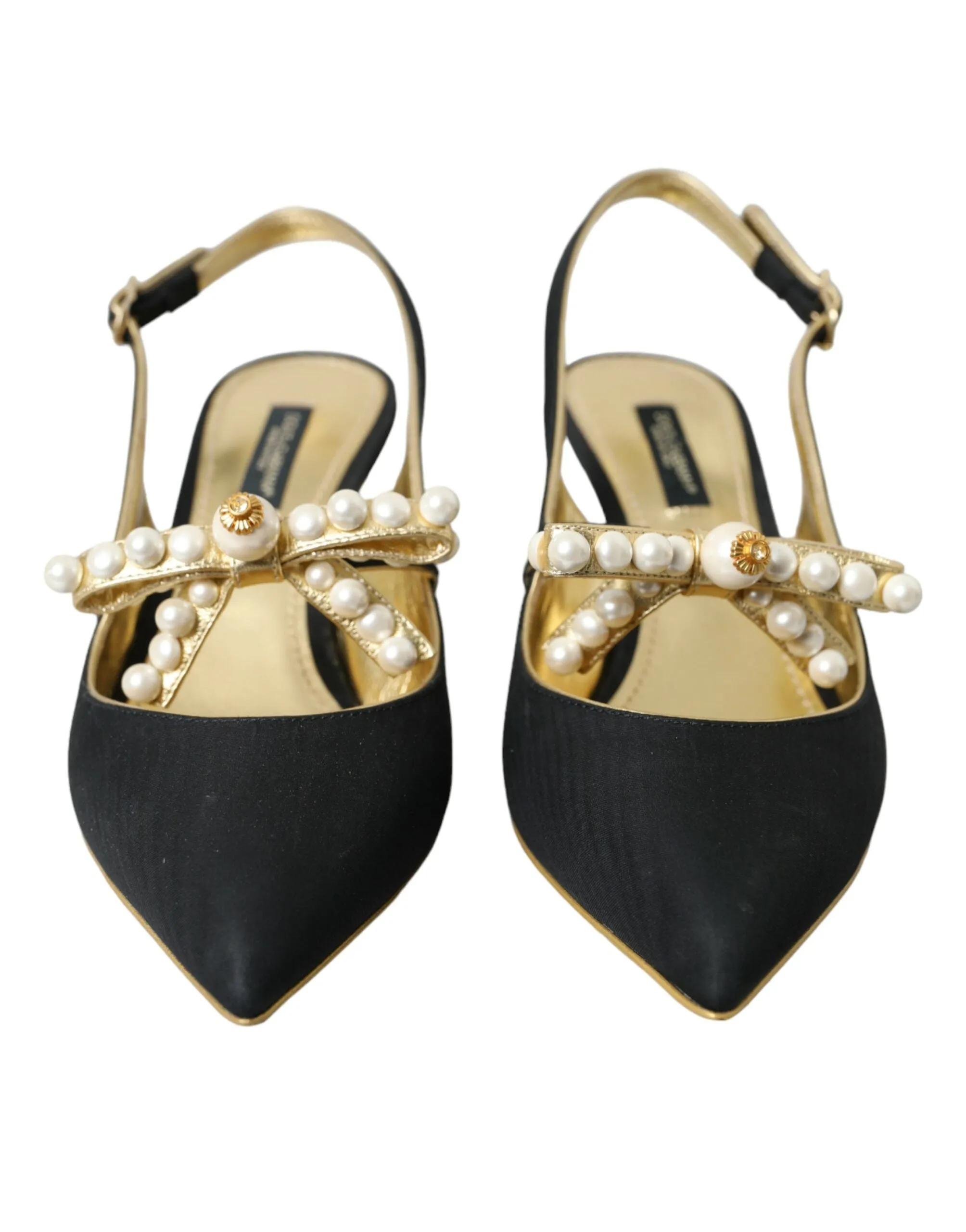 Dolce & Gabbana Black Leather Faux Pearls Slingbacks Women's Shoes