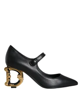 Dolce & Gabbana Black Leather Logo Heels Mary Janes Pumps Women's Shoes