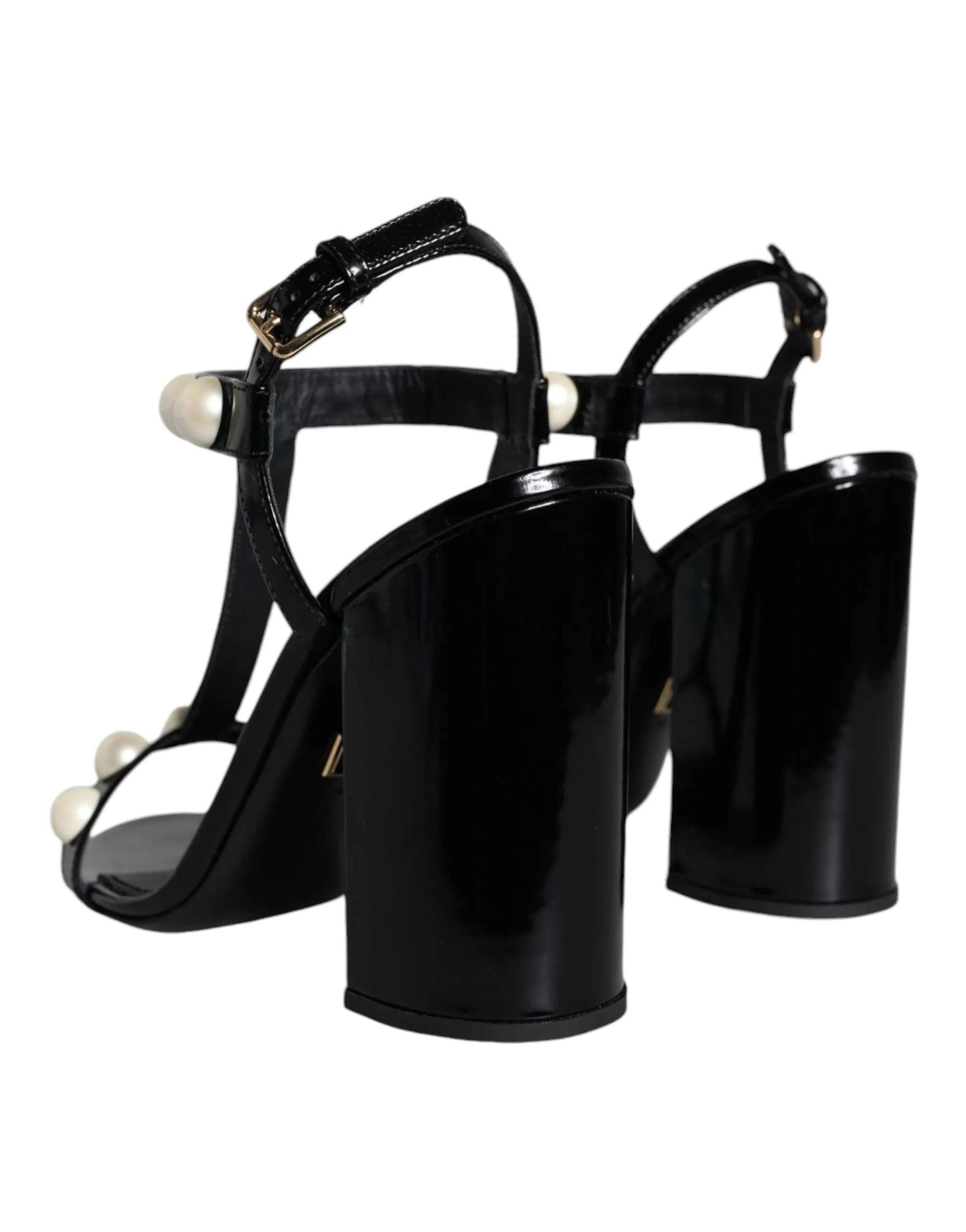 Dolce & Gabbana Black Leather Pearls T-strap Sandals Women's Shoes