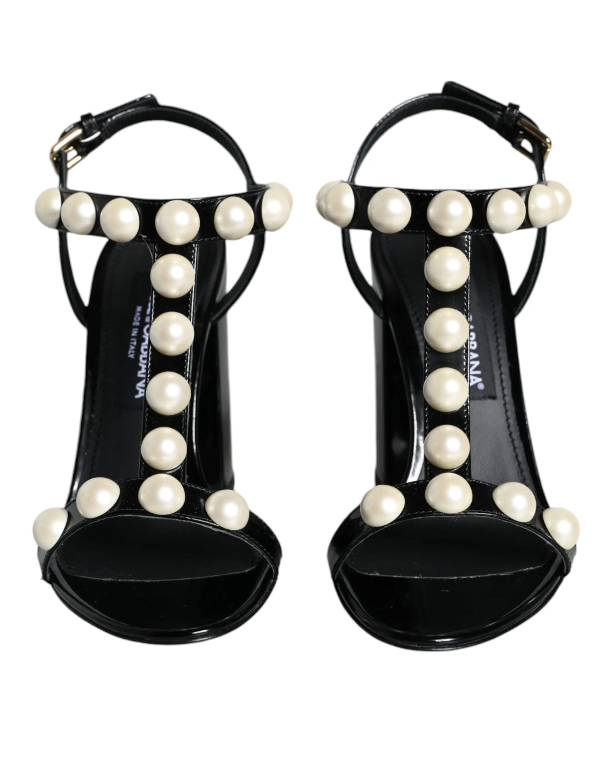 Dolce & Gabbana Black Leather Pearls T-strap Sandals Women's Shoes