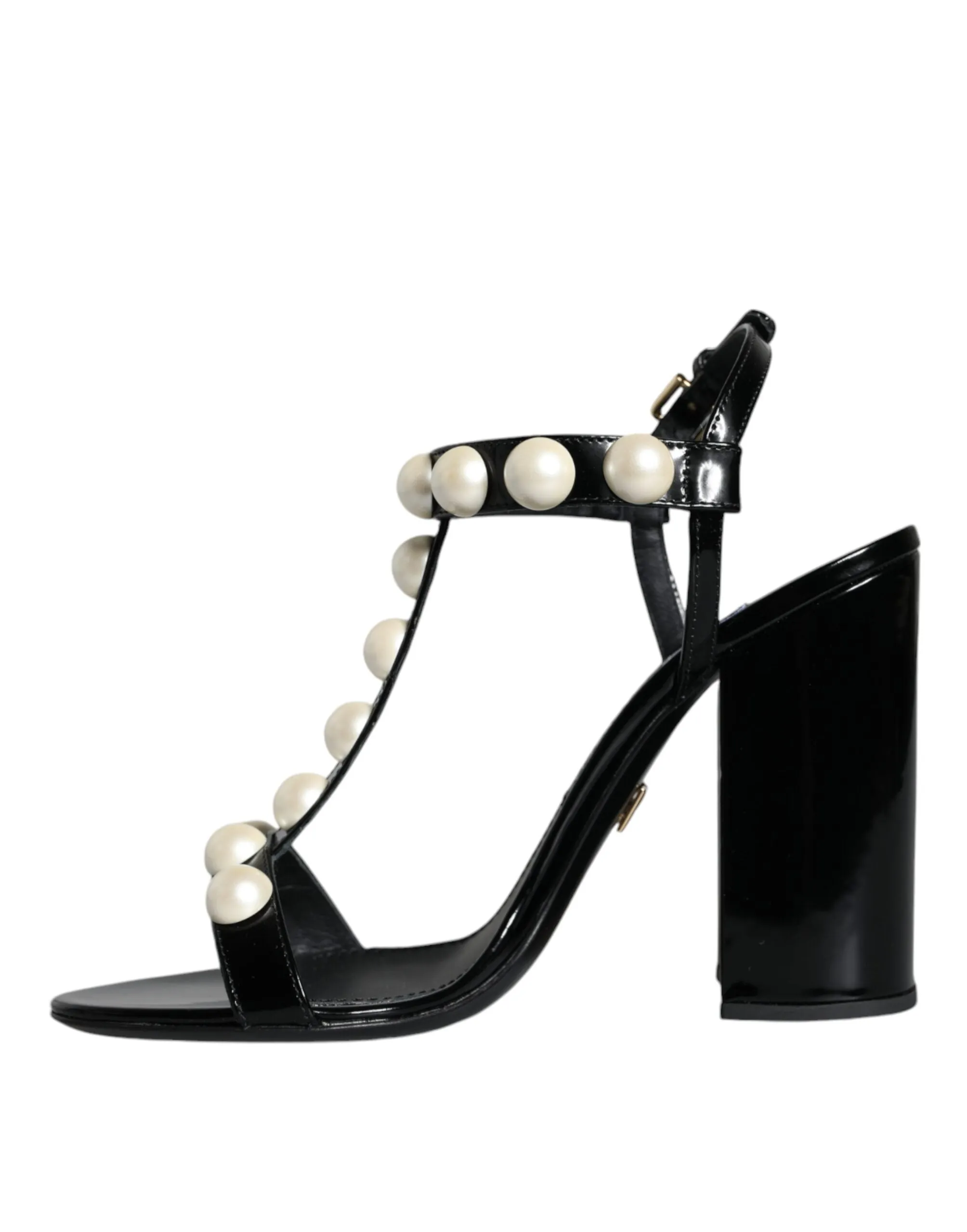 Dolce & Gabbana Black Leather Pearls T-strap Sandals Women's Shoes