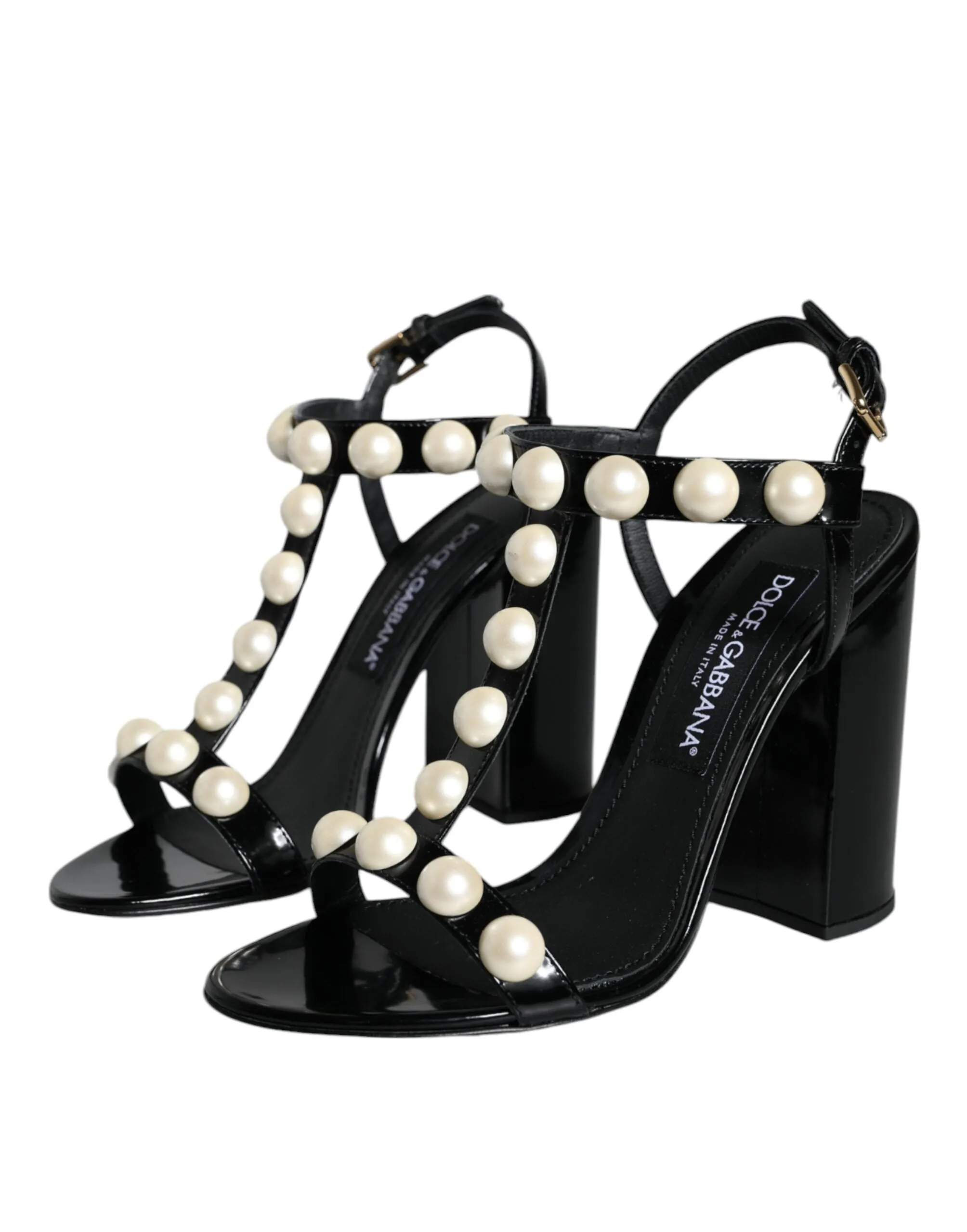 Dolce & Gabbana Black Leather Pearls T-strap Sandals Women's Shoes