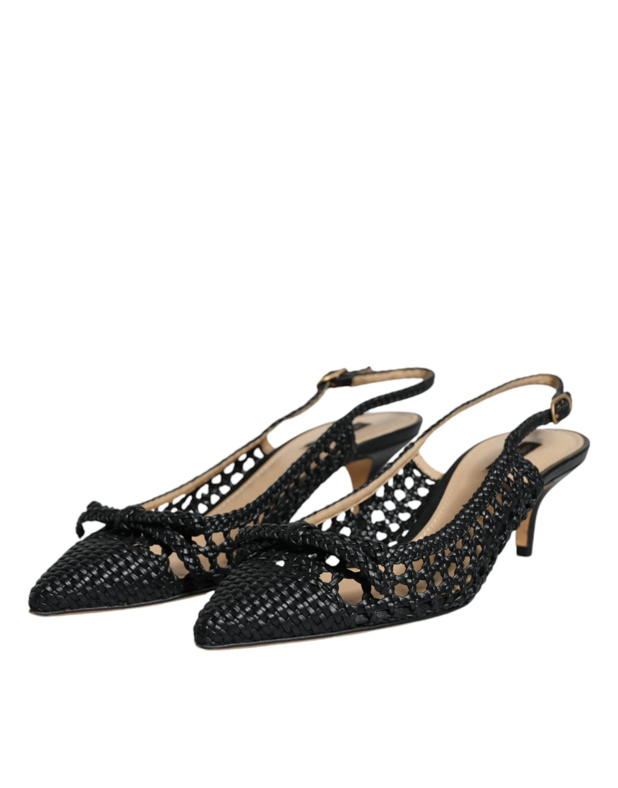 Dolce & Gabbana Black Leather Woven Heels Slingback Women's Shoes (Pre-Owned)