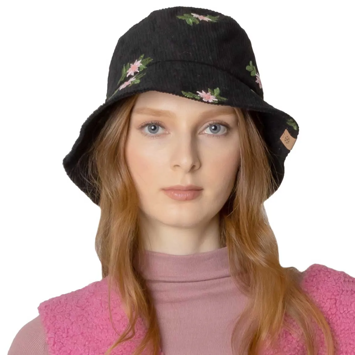 Embroidered Floral Corduroy Bucket Hat