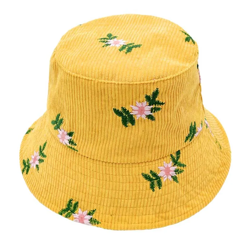 Embroidered Floral Corduroy Bucket Hat