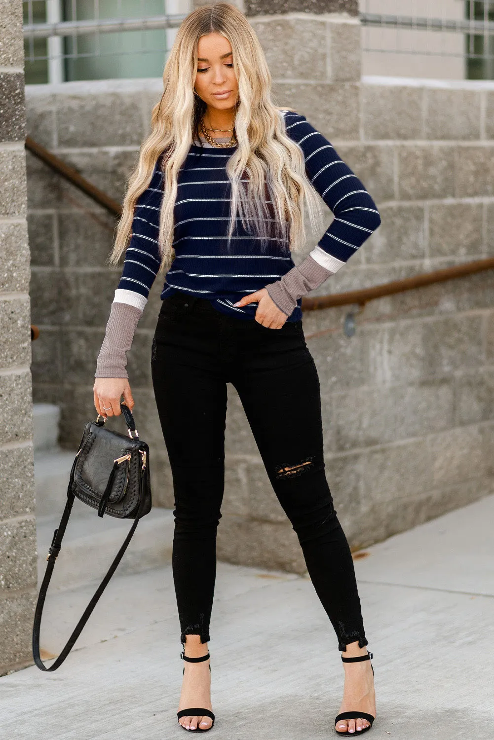 Extend Color Block Cuffs Rib Knit Striped Pullover