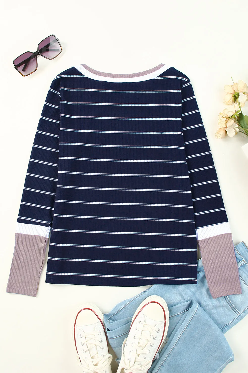 Extend Color Block Cuffs Rib Knit Striped Pullover