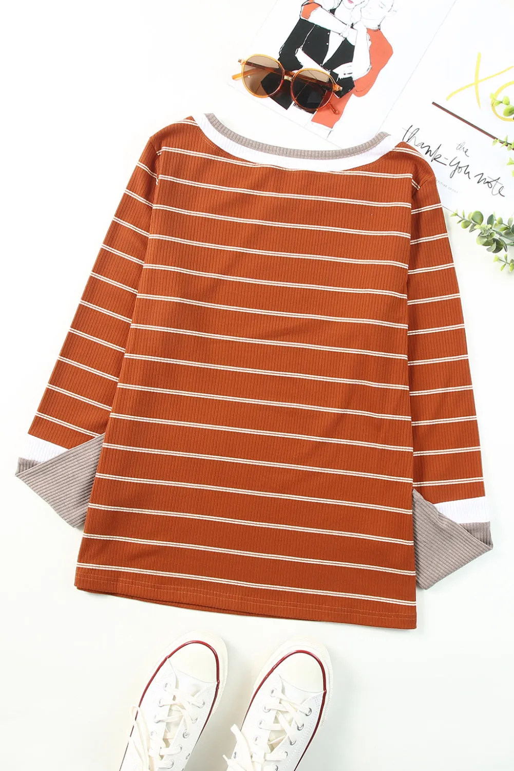 Extend Color Block Cuffs Rib Knit Striped Pullover